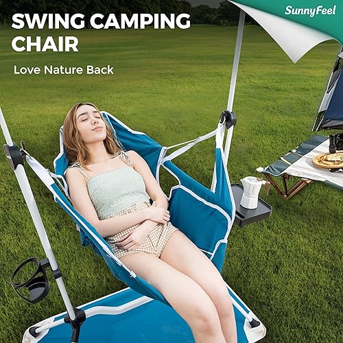 Miniatura 3 de SUNNYFEEL Silla de camping tipo hamaca, silla de campamento oscilante de gran tamaño, sillas hamaca portátil con soporte para tazas, alfombrilla de