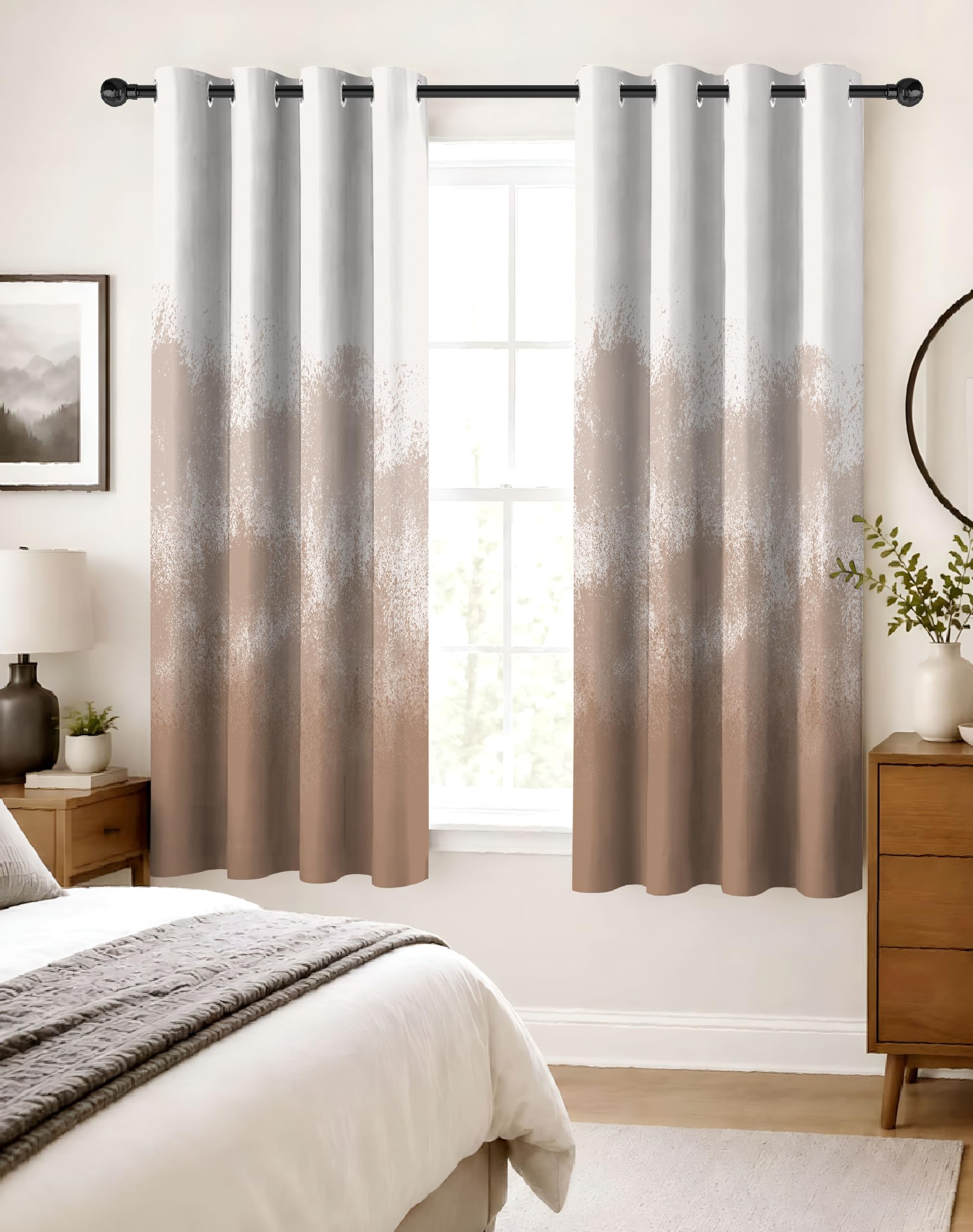 aurex whiteout curtains 5 feet long set of 2 for window, digital printed curtains with eyelets, room darkening curtains for living room, tieback included (soft brown_5 feet)