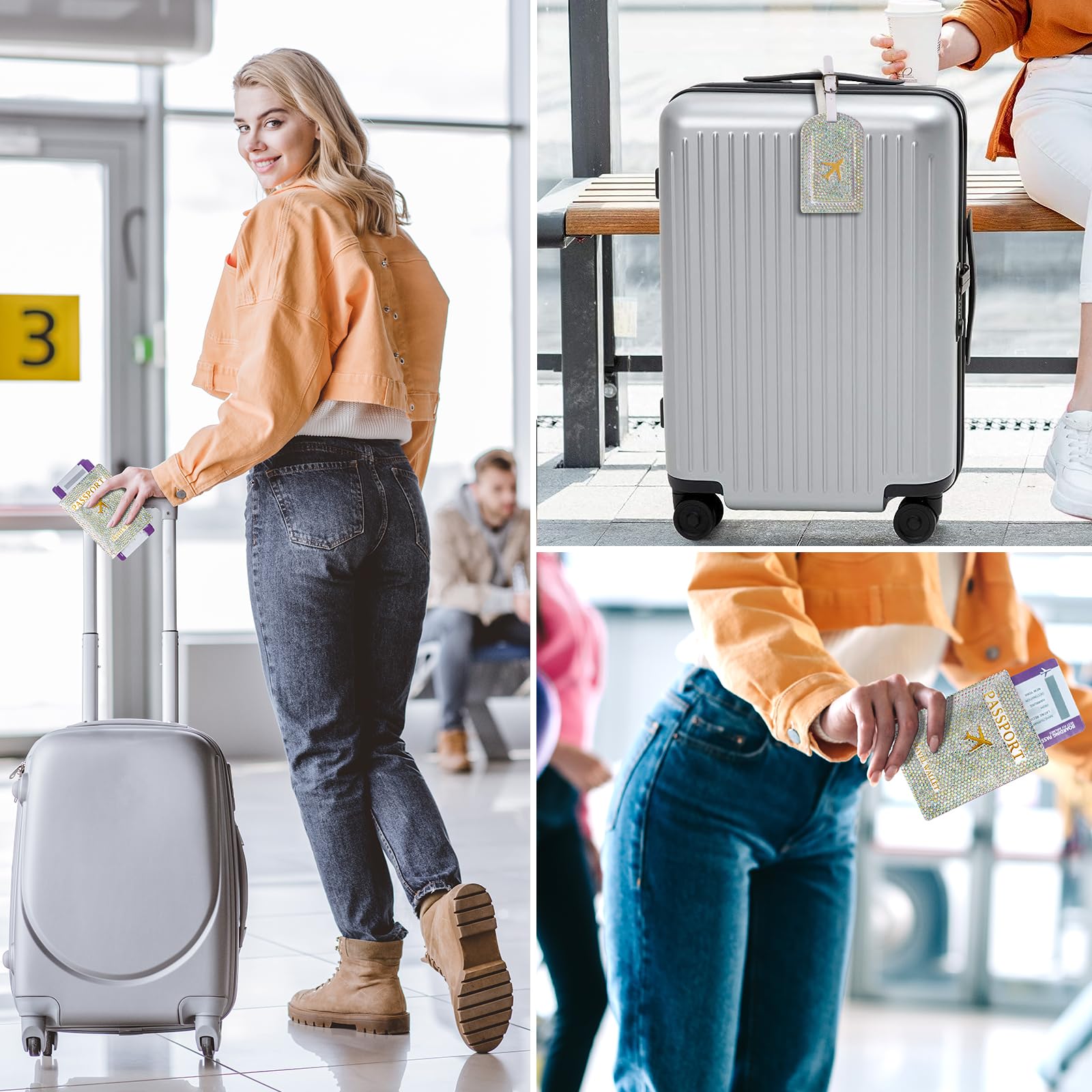 SlowVibes Porta passaporto con strass e set di etichette per bagagli, etichette per bagagli per valigie, copertura per passaporto glitterata, portafoglio per passaporto fatto a mano per donne, ragazze