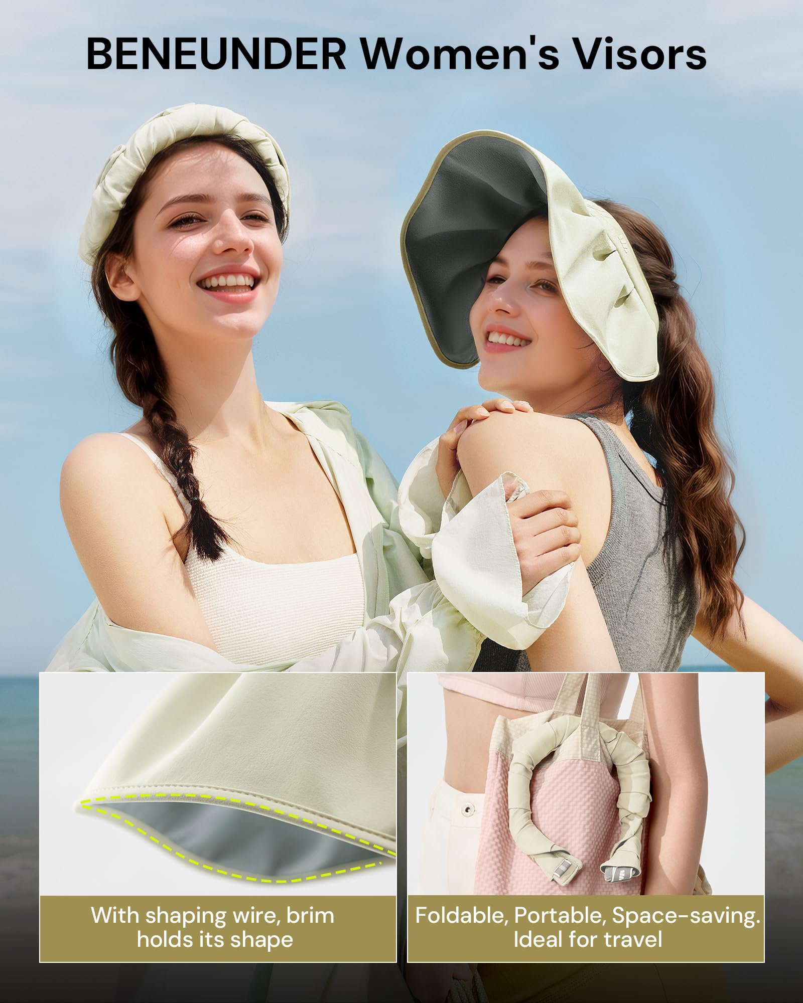 BENEUNDER Sheel - Sombreros de sol para mujer, ala ancha, plegable, protección UV, UPF50+, viseras para viajes al aire libre, vacaciones