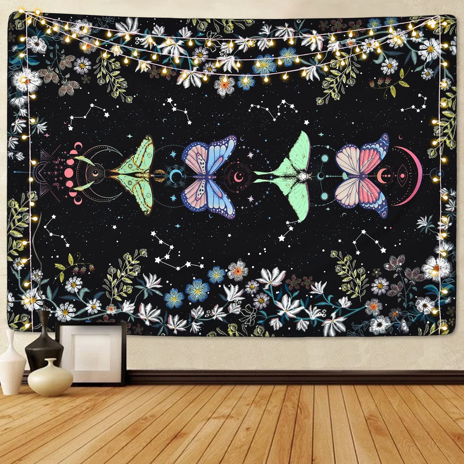 Boniboni Butterfly Tapestry Moonlit Garden Tapestry Flower Vine Tapestry Floral and Star Tapestry Starry Night Sky Tapestry for Room(51.2 x 59.1 inches)