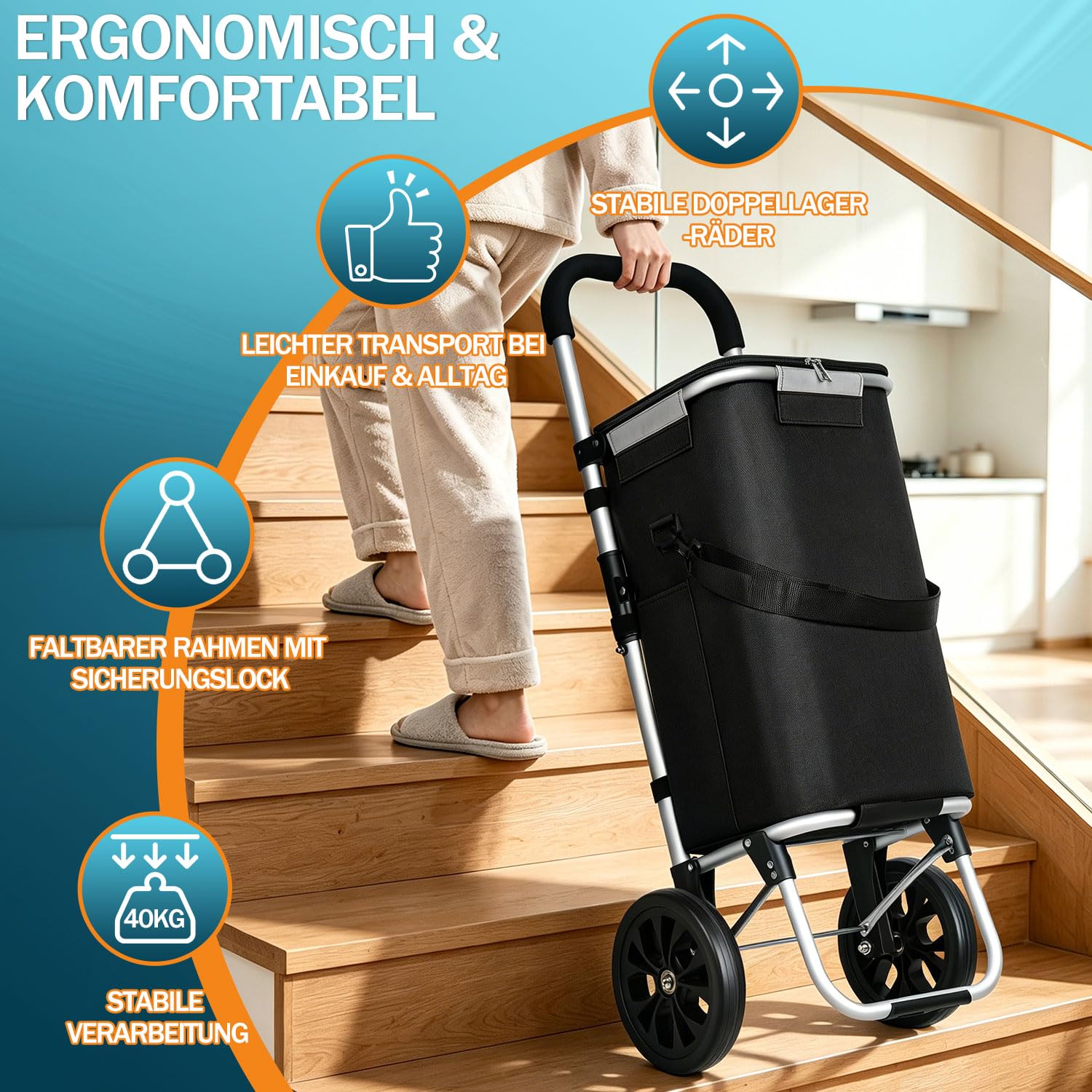 Carrello per la spesa da 40 litri con scomparto frigorifero, pieghevole