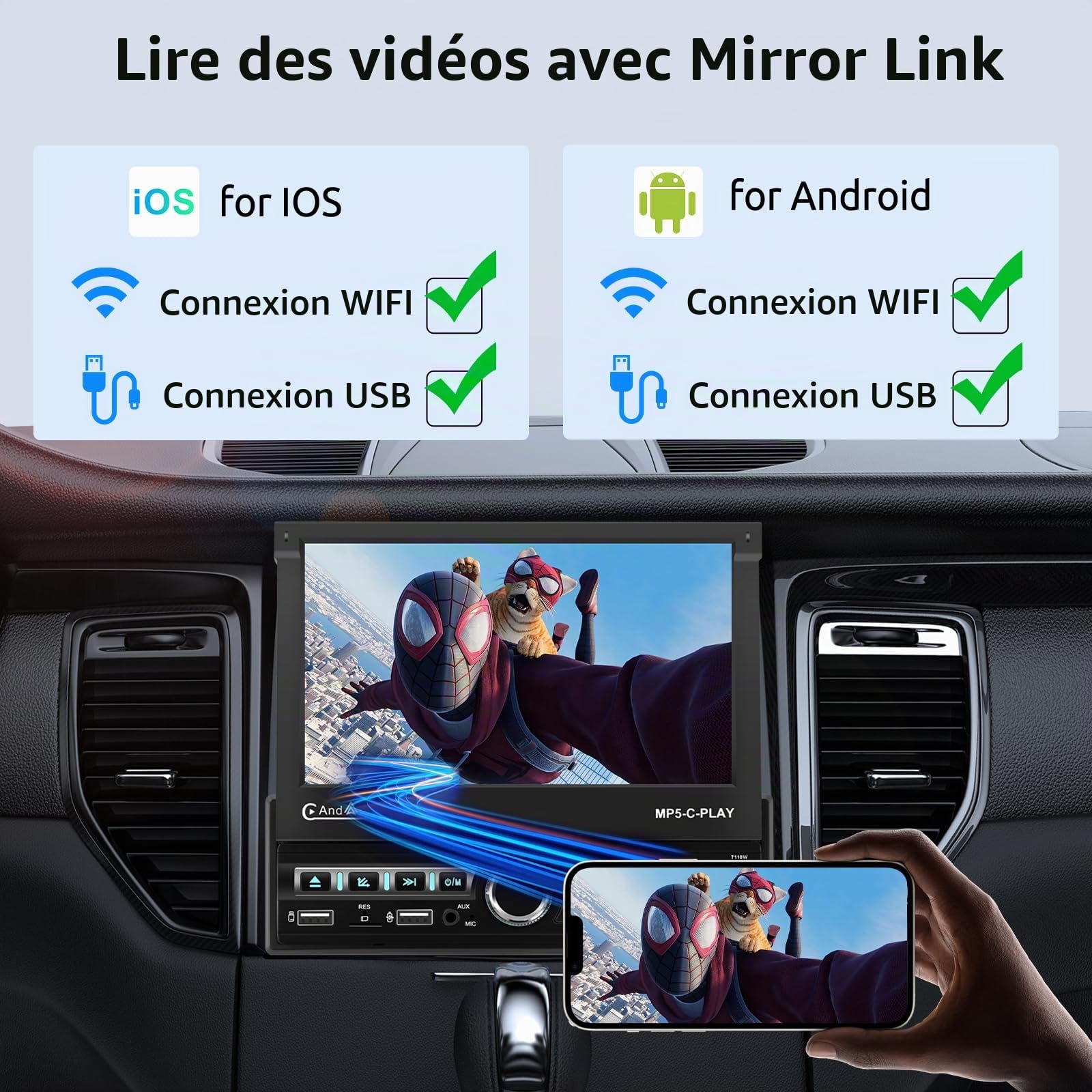 VECHTEL Autoradio 1 Din avec Carplay Android Auto sans Fil, Autoradio à Rétractable Électrique IPS HD Écran Tactile de 7 Pouces, Support Bluetooth Mirror Link FM 2USB/AUX Commandes au Volant Caméra