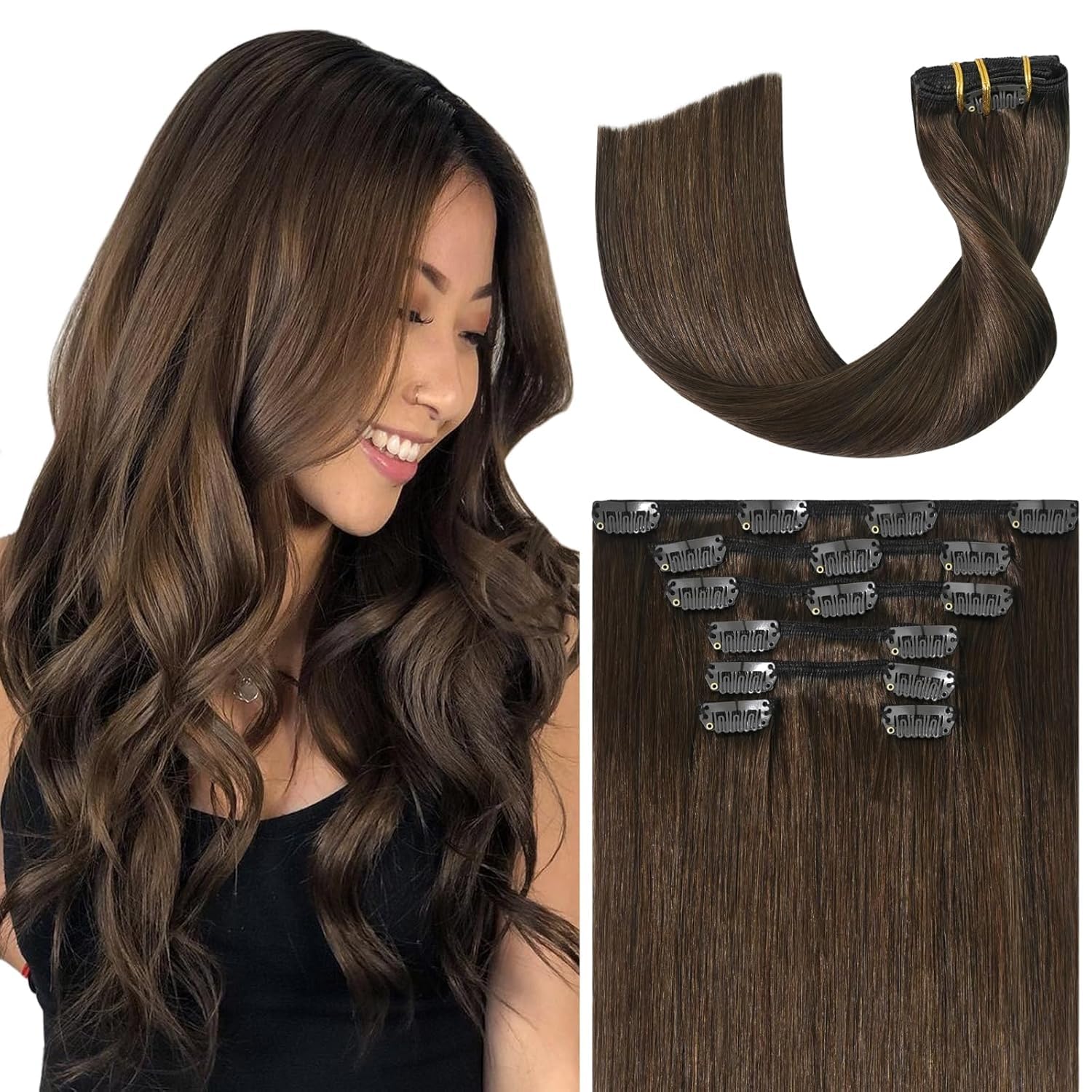 Ukira Medium Brown Clip in Hair Extensions Real Human Hair, 20 Inch 120g 7pcs #4 Human Hair Clip in Extensions, Soft Straight Chocolate Brown Hair