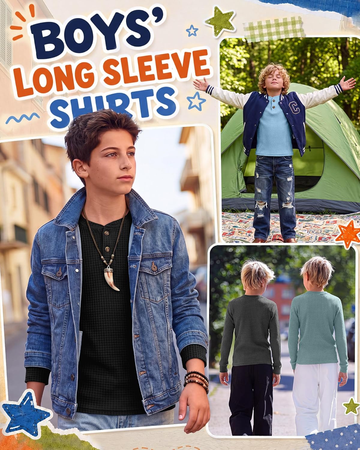 4 Pack Boys Long Sleeve Waffle Shirts