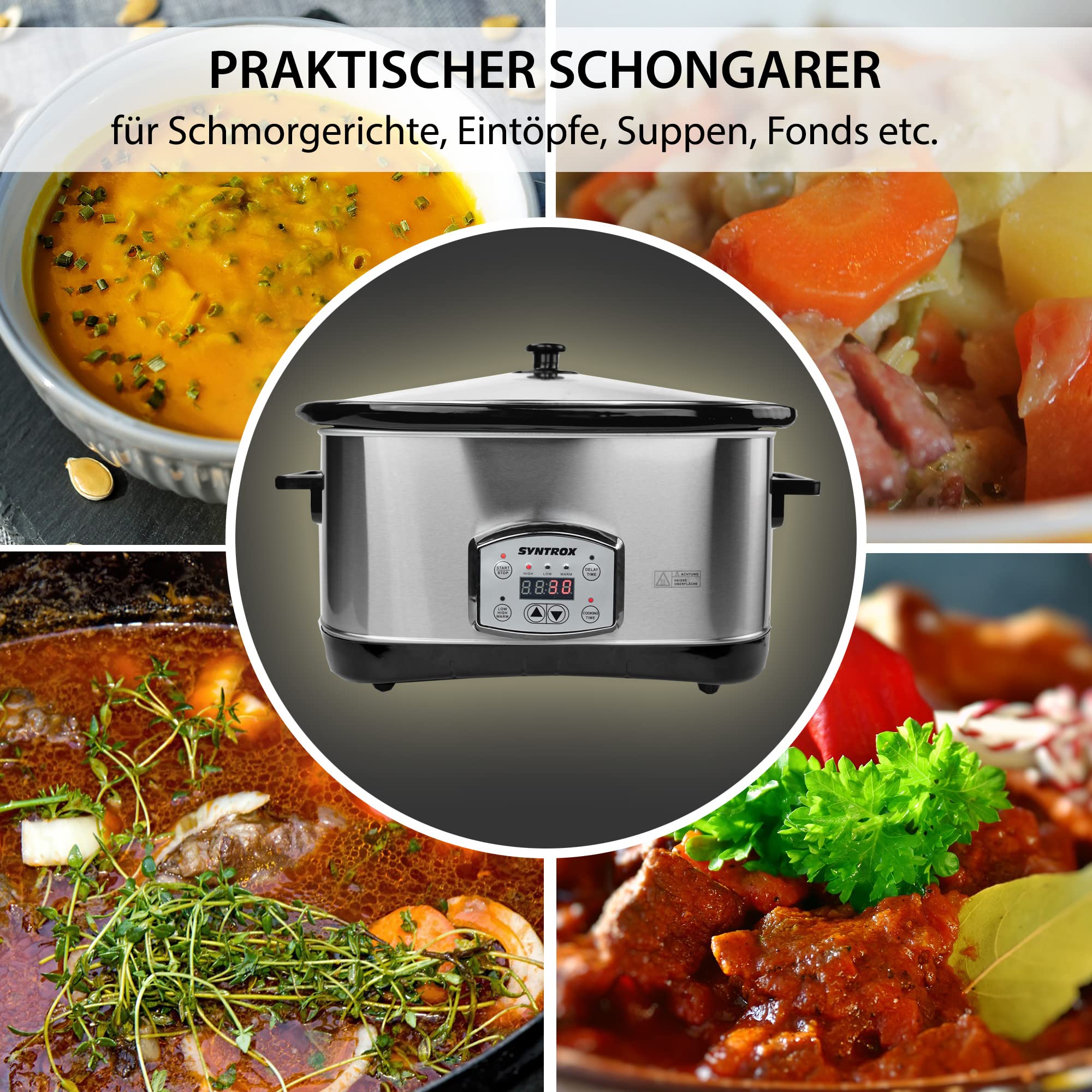 Syntrox Germany Digitaler Slow Cooker Schongarer 7,5L mit 3 Heizstufen, Timer und Warmhaltefunktion - Leistung 320 Watt