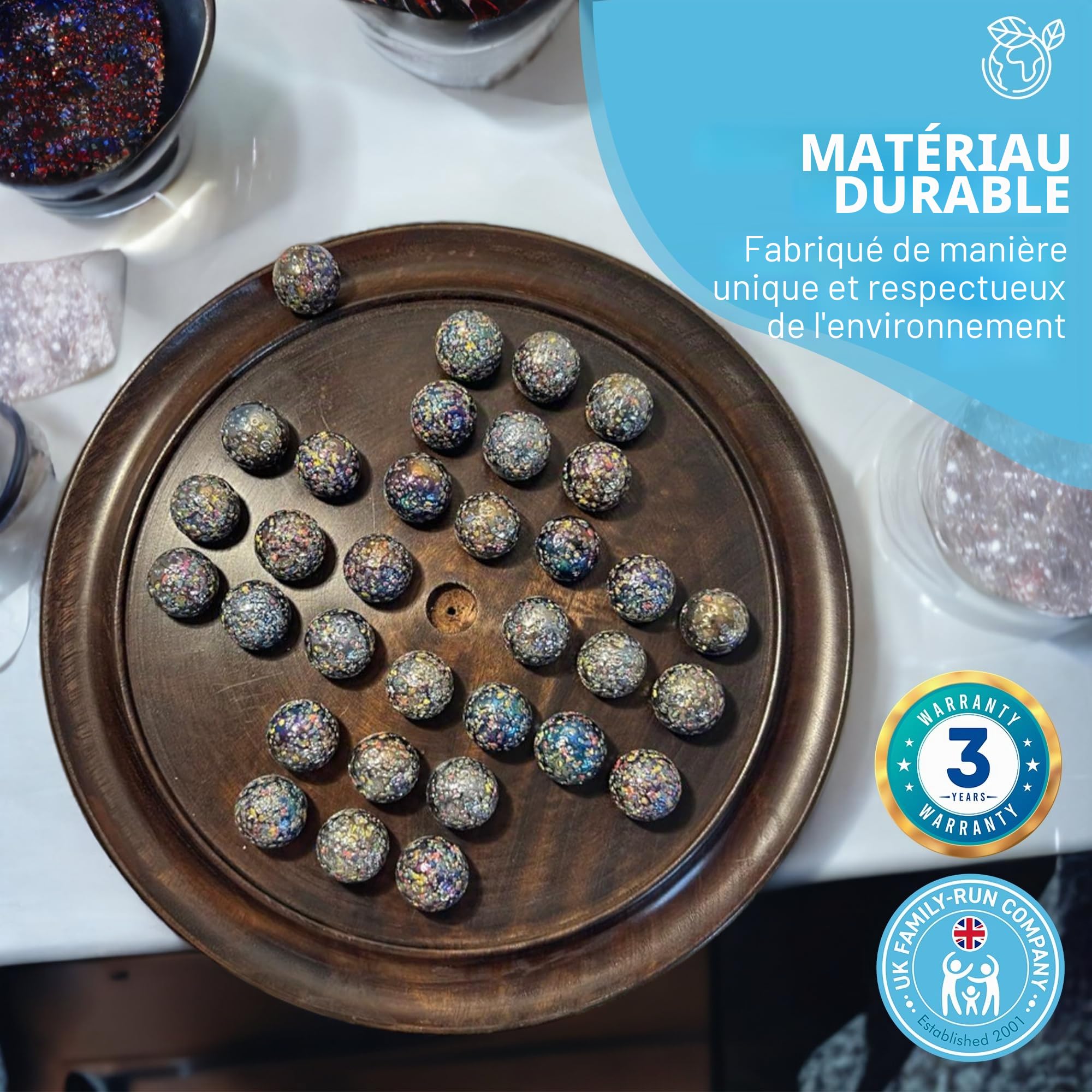 Jeu de société solitaire en bois de 30 cm de diamètre avec billes de verre à paillettes | jeu de solitaire classique en bois | jeu de société de stratégie | jeu de société familial | jeux pour une