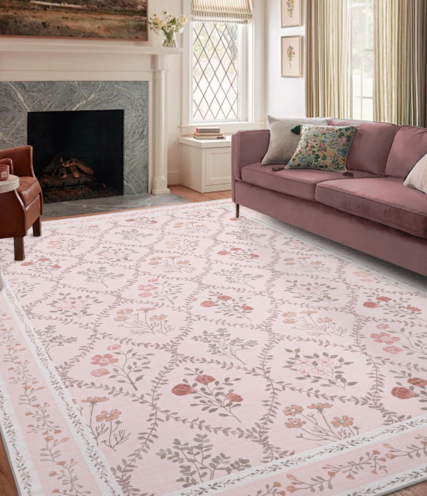 YIHOUSE Pink 6x9 Area Rug for Bedroom Girls, Floral Washable Rugs for Living Room Non Slip Ultra-Thin, Large Boho Carpet for Kids Playroom, Classroom,