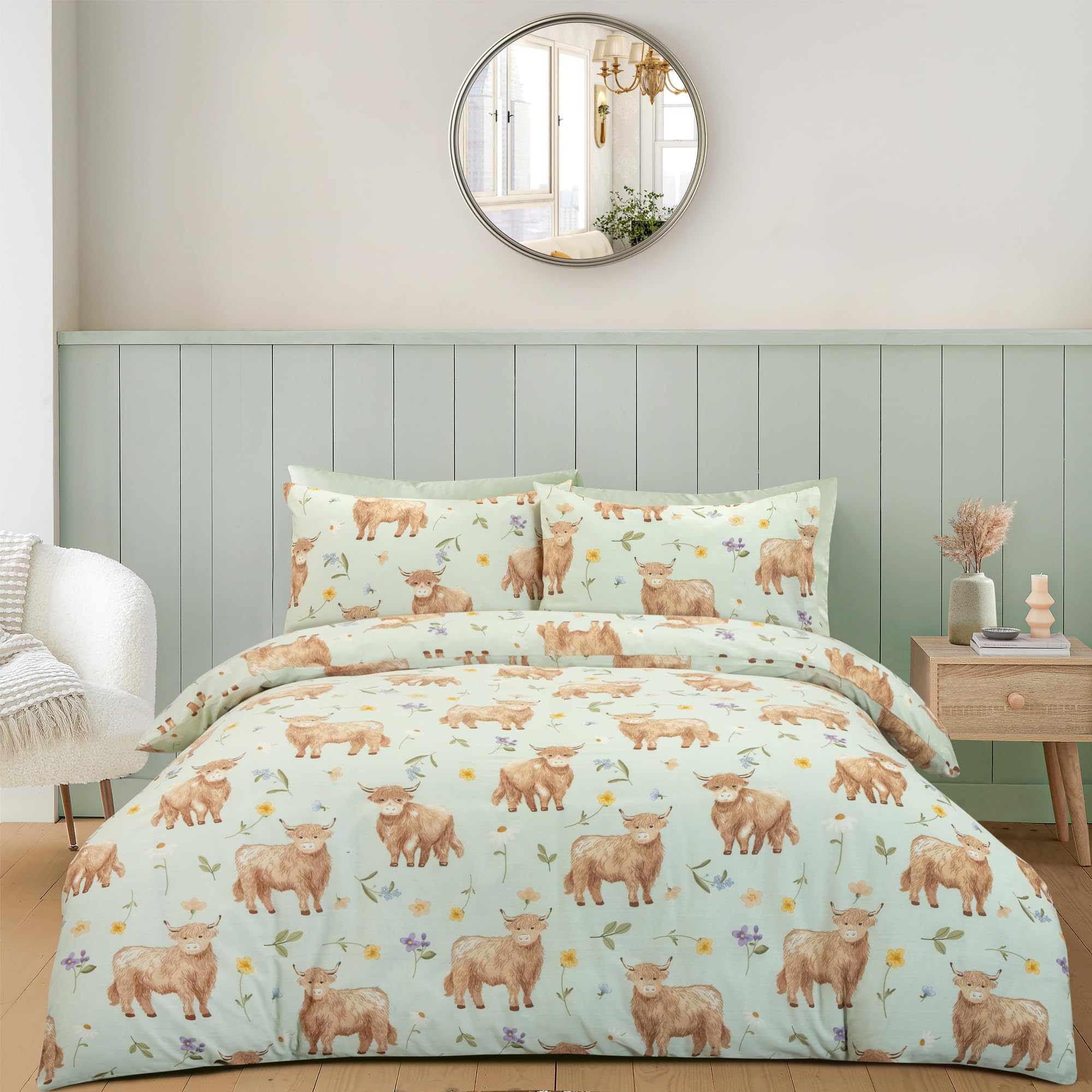 Portfolio Home Daisy Highland Cow Floral Sage King Soft Easy Care Bed Linen Bedding Duvet Cover Quilt Set With Pillow Cases
