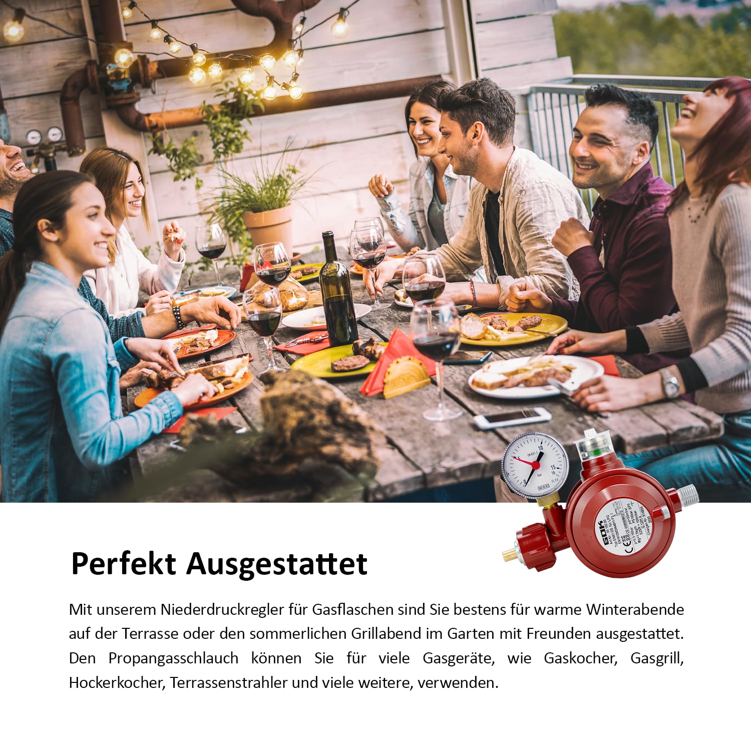 Haushaltsregler und Lecksuchspray 400ml, Gasregler für Gas Grill, Betriebsdruck 50 mbar mit SBS inkl. Spray zur Lecksuche bei Dichtheits- und Gasdruckprüfungen, inkl. Polybeutel