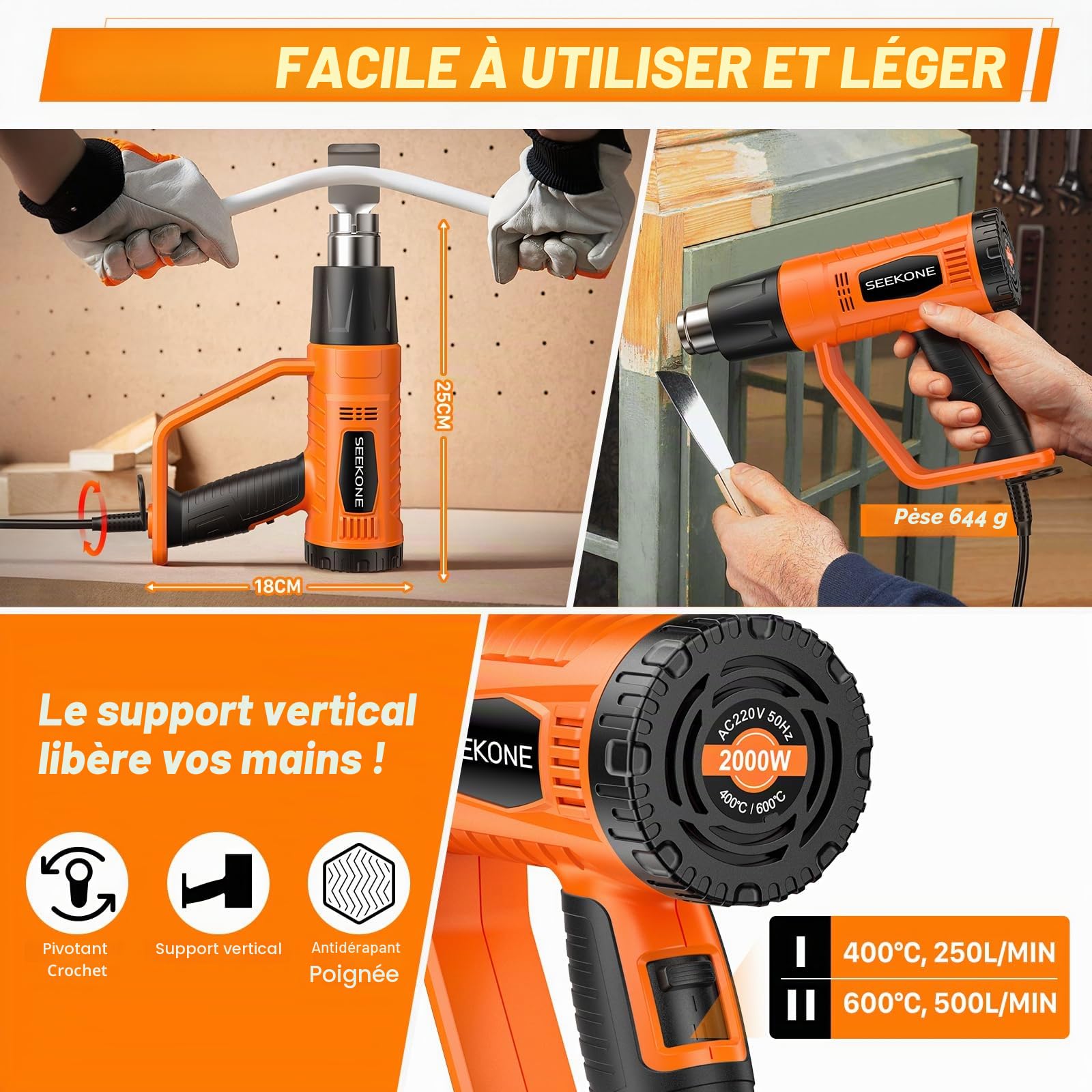 Décapeur Thermique, SEEKONE 2000W 400℃ & 600℃ Réglages Double Température Pistolet Thermique avec 4 Buses, Protection de Surcharge, Manche Antidérapant, Idéal pour Retrait Thermiquement