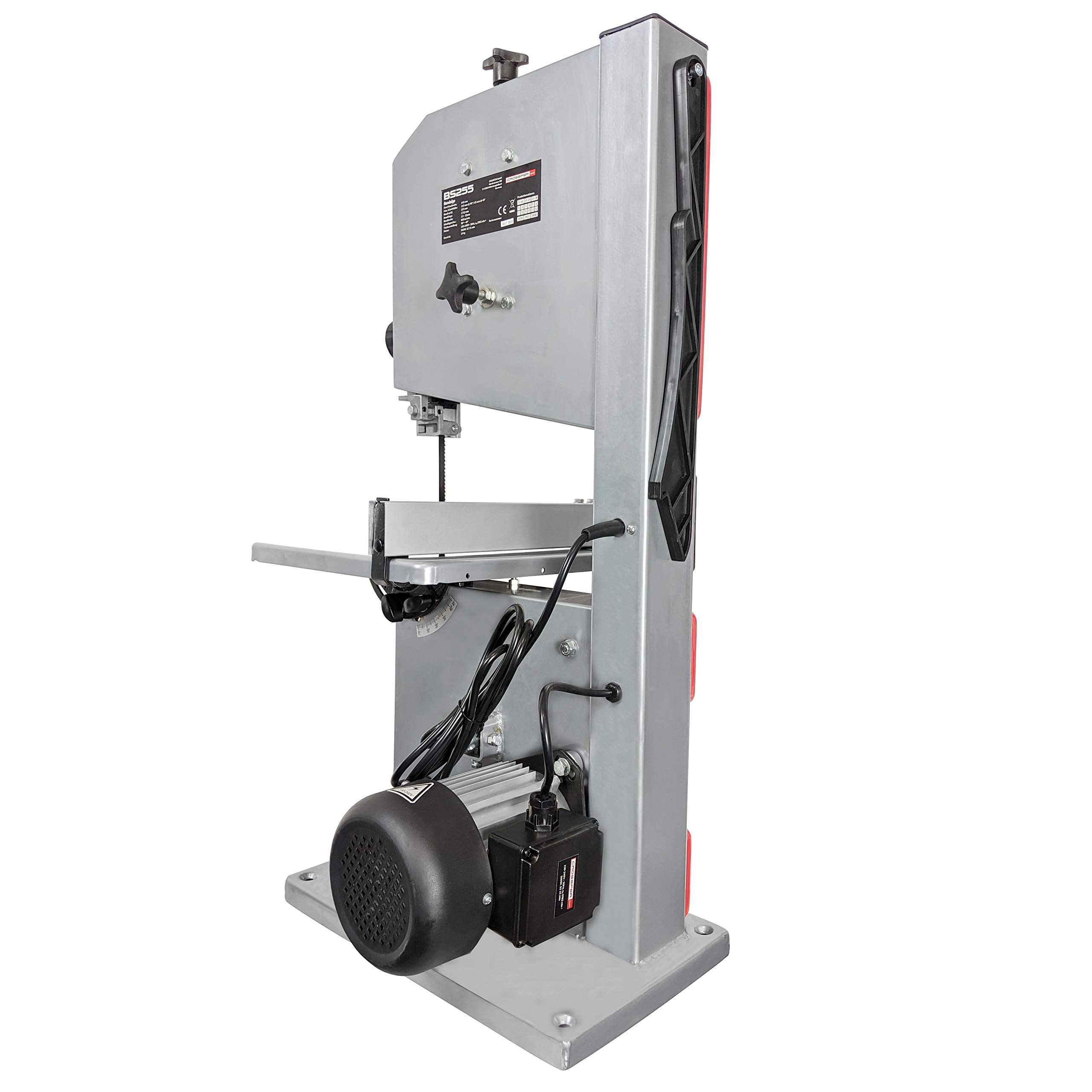 Crossfer Sega a nastro BS255 (500 W, altezza di taglio max. 115 mm, larghezza passaggio 245 mm, tavolo girevole 45°, arresto parallelo, spingitore pezzo)