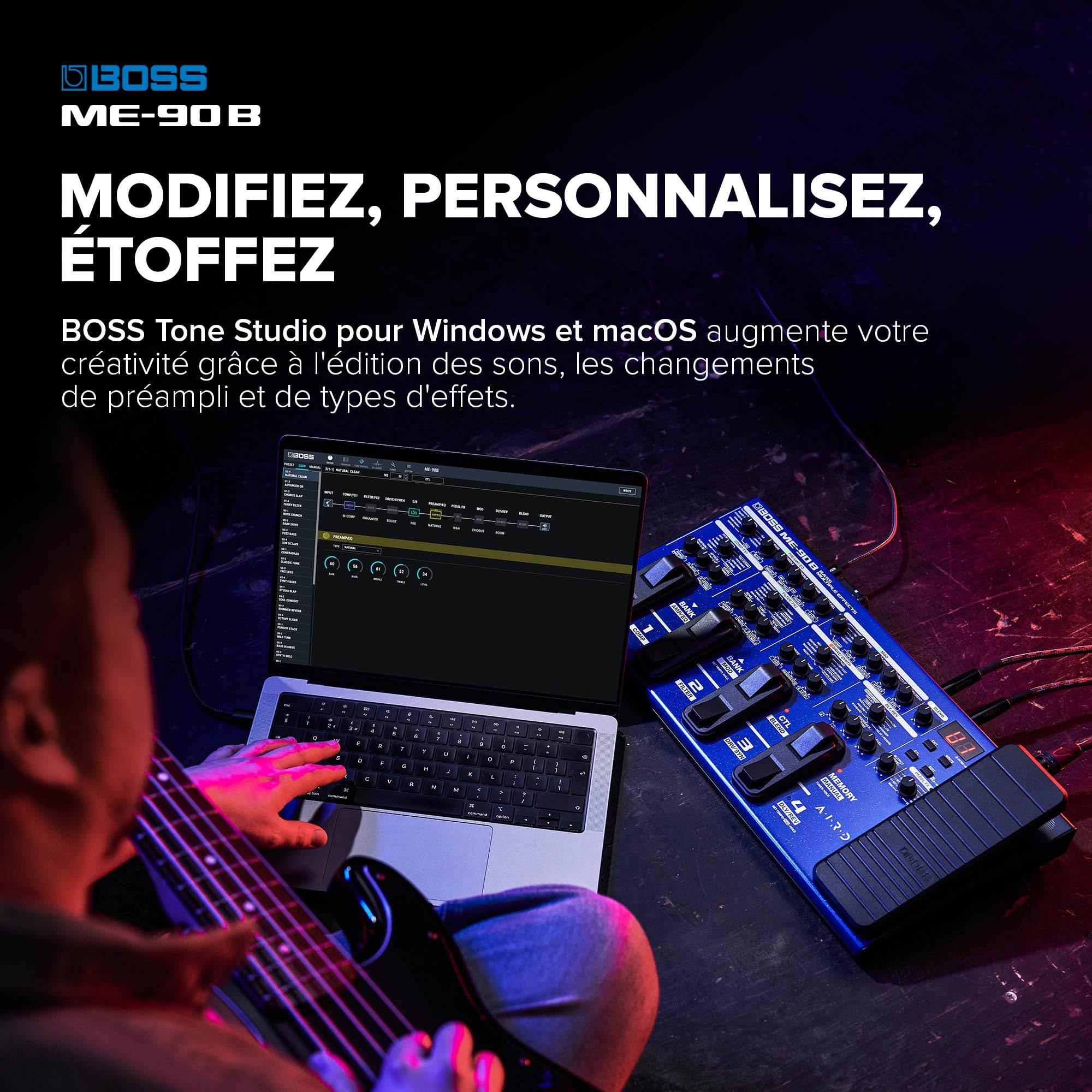 Multi-effet pour basse ME-90B BOSS | Processeur tout-en-un | 10 modélisations d'ampli AIRD intégrées | 61 effets pour basse signés BOSS
