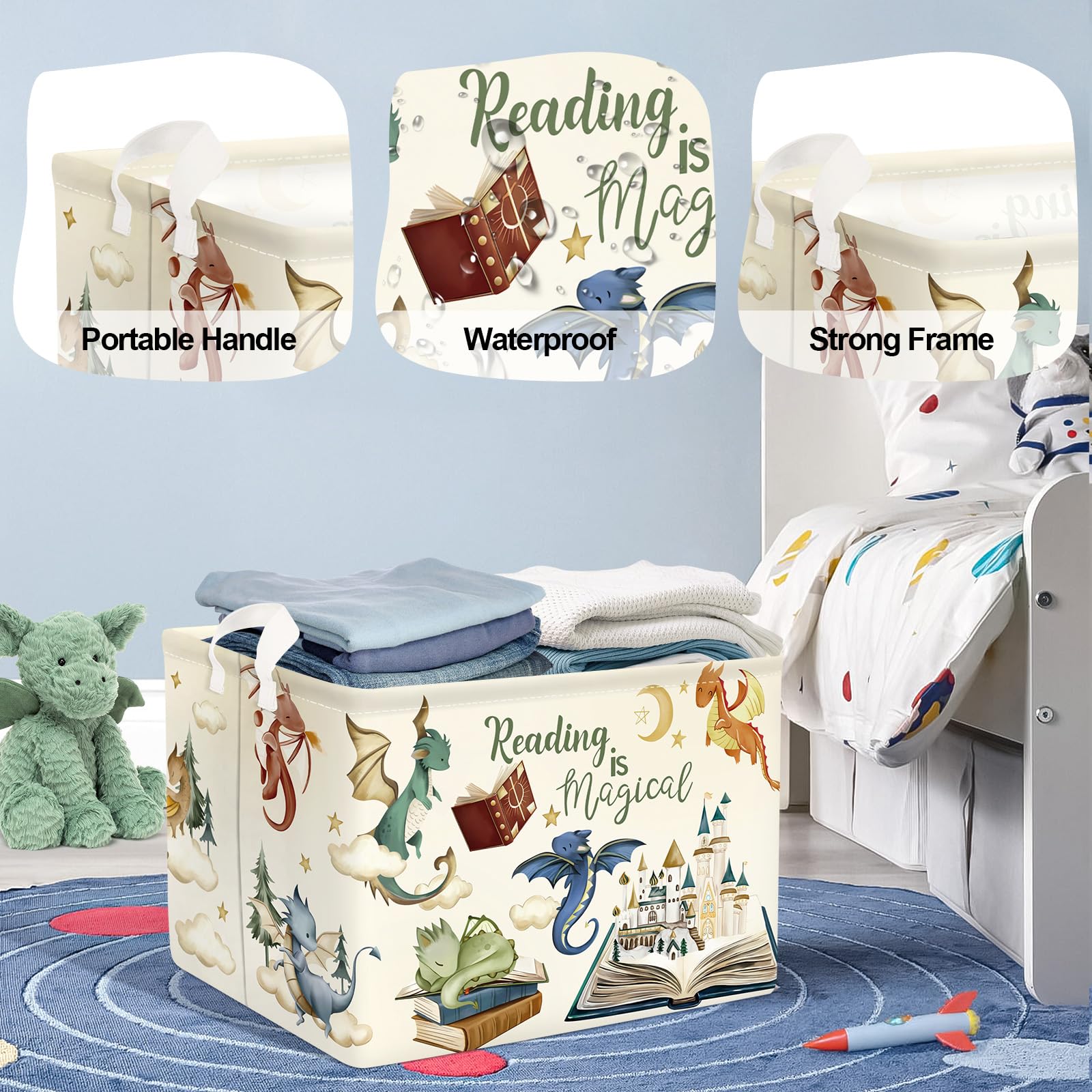 Grande Cesta Porta Biancheria Dinosauri Carini Pieghevole Cestini Portaoggetti Giocattoli Vestiti per Bambino Cesta Indumenti Sporchi per Bagno,Libri magici,36L