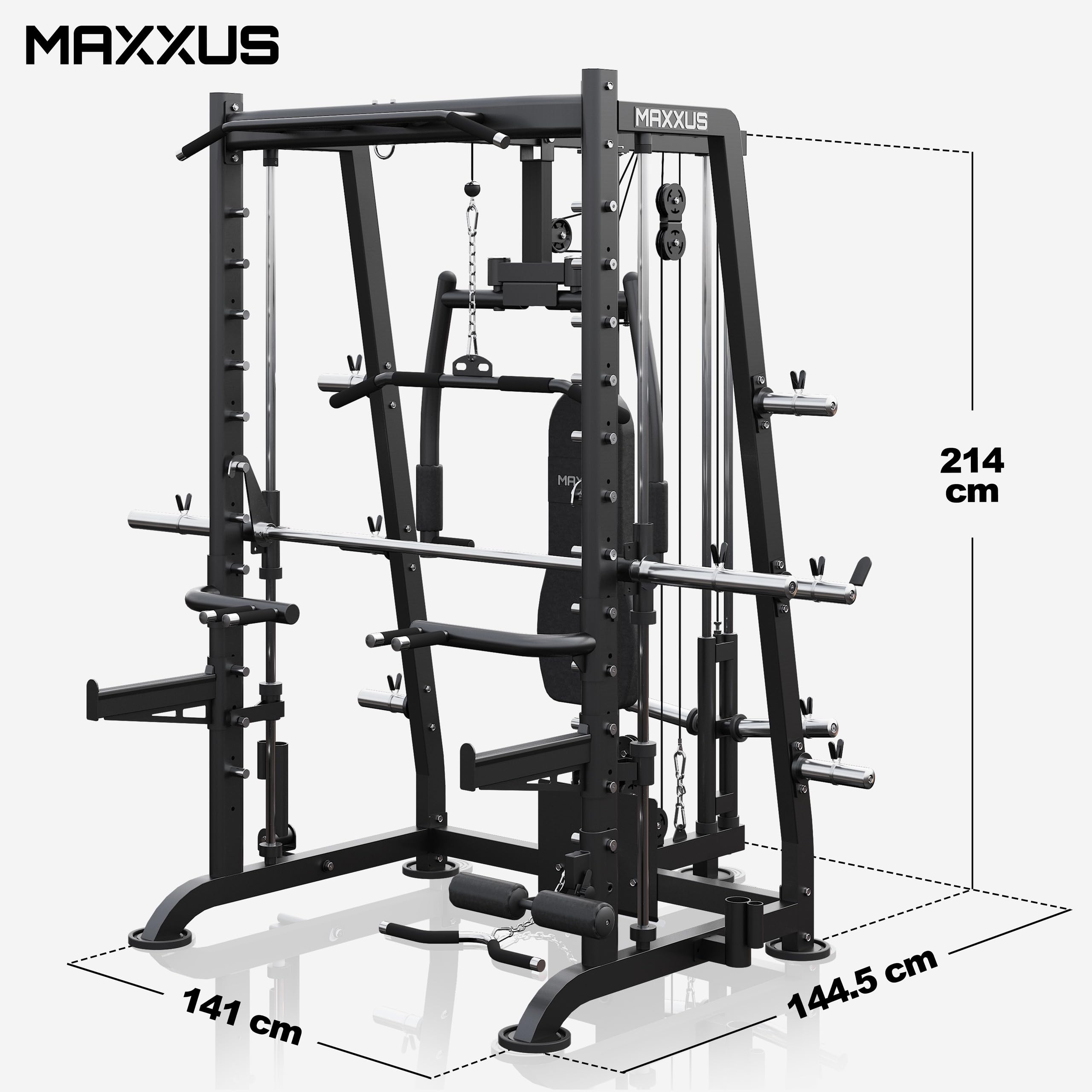 MAXXUS Kraftstation Multipresse 8.1 – Smith Machine mit Hantelbank, Butterfly, Kabelzug, Latzug, Klimmzugstation & Dip-Station, bis 250 kg für Zuhause