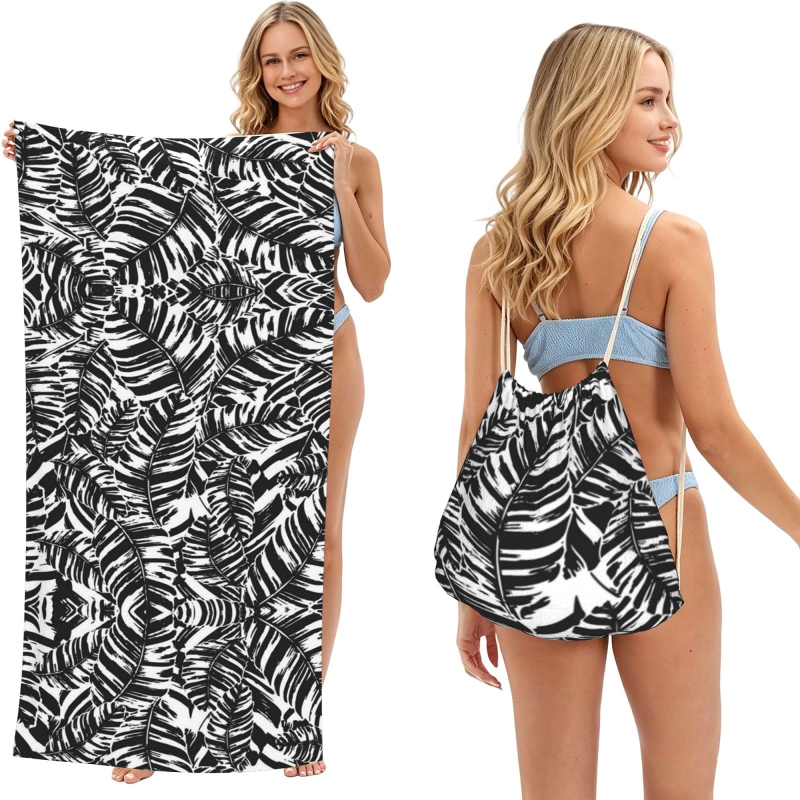 SATUSA Tropical Leaf Print 2-In-1 Foldable Beach Towel Backpack â€“ Camping, Yoga And Travel,Bath Towel With Built-In Storage, Convertible Beach Mat & Carry Bag