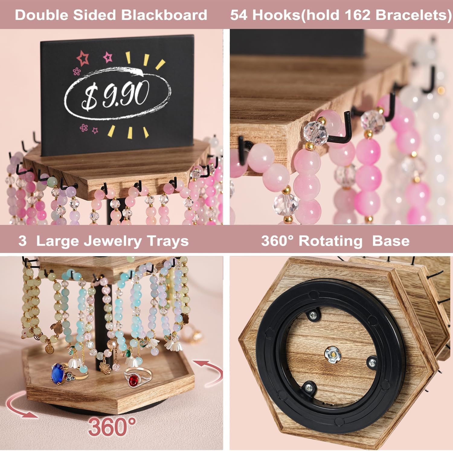 Rotating Bracelet Holder,4 Tier Bracelet Display Stand,Hexagon Bracelet Organizer,Wood Bangle Organizer,Jewelry Display for Vendors for Store,Show, Home Use