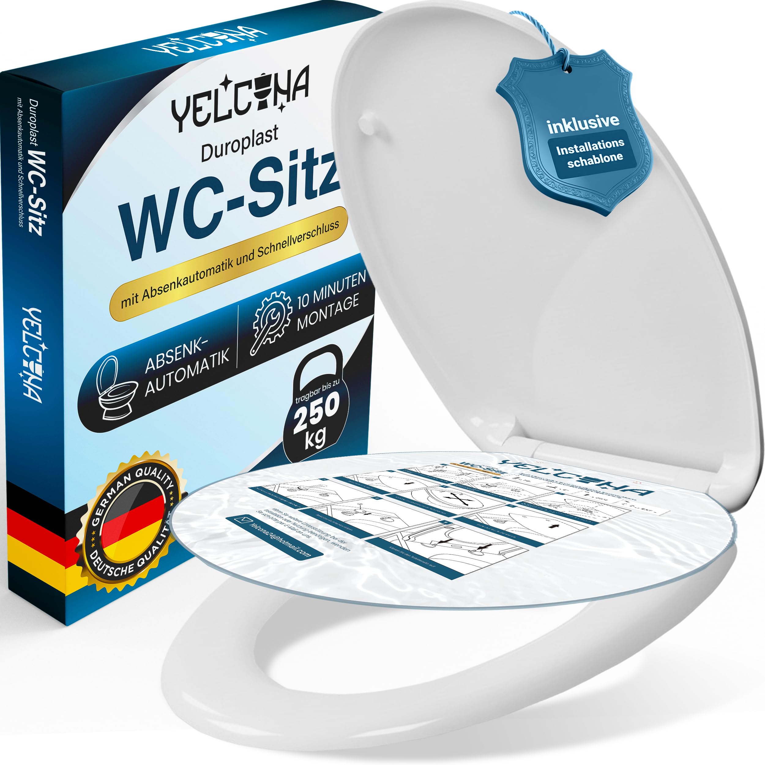 Premium WC Sitz mit Absenkautomatik Oval – Toilettendeckel Weiß aus antibakteriellem Duroplast – Klodeckel mit Quick-Release & UV-Schutz – Inkl. Montage-Schablone & Edelstahl-Befestigung
