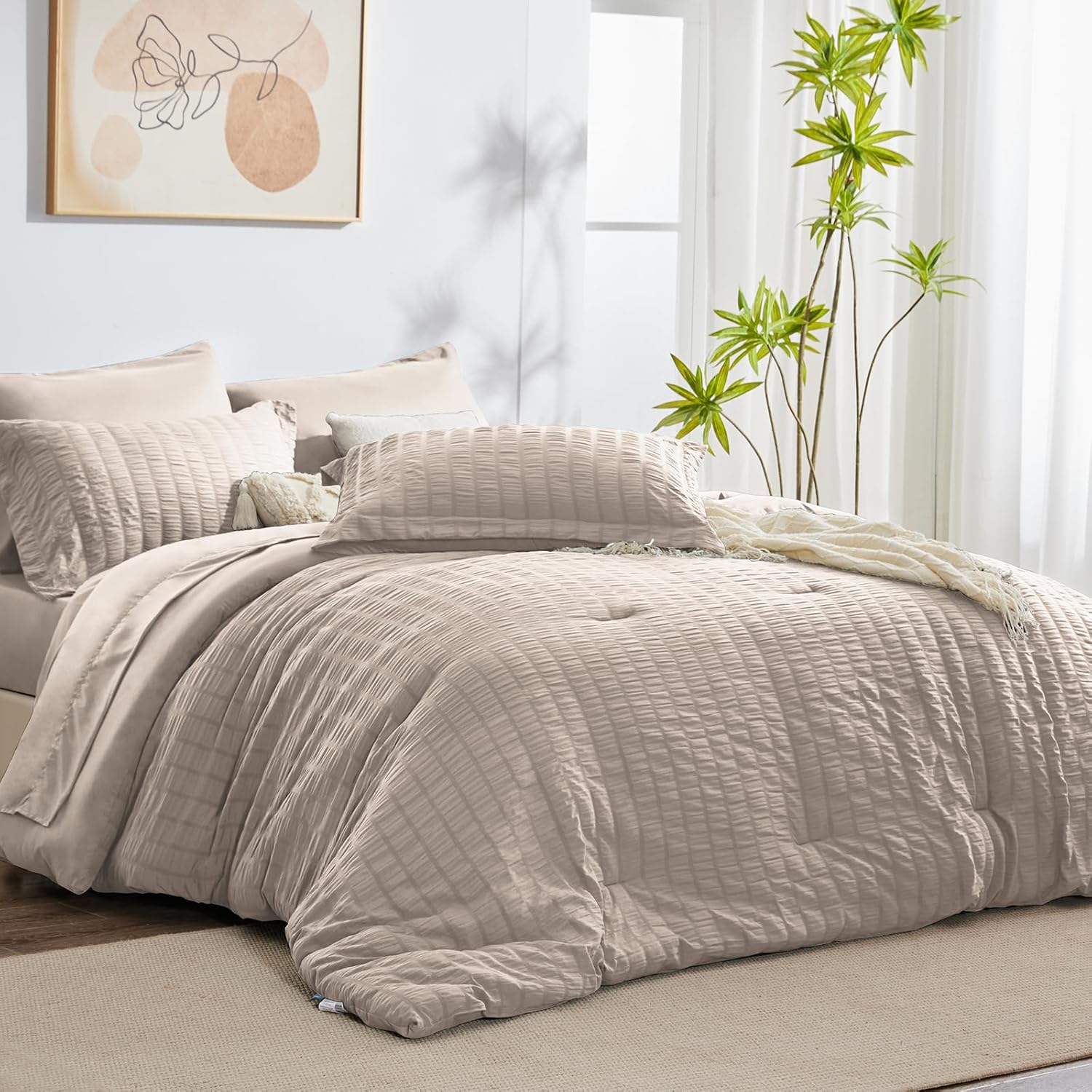 CozyLux King Seersucker Comforter Set with Sheets Oatmeal Bed in a Bag 7-Pieces All Season Bedding Sets with Comforter, Pillow Sham, Flat Sheet, Fitted Sheet, Pillowcase Oatmeal King