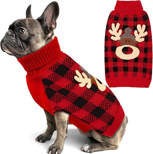 KYEESE - Suéter de Navidad para perros con diseño de renos para perros medianos con agujero para la correa, ropa a cuadros de búfalo rojo para días