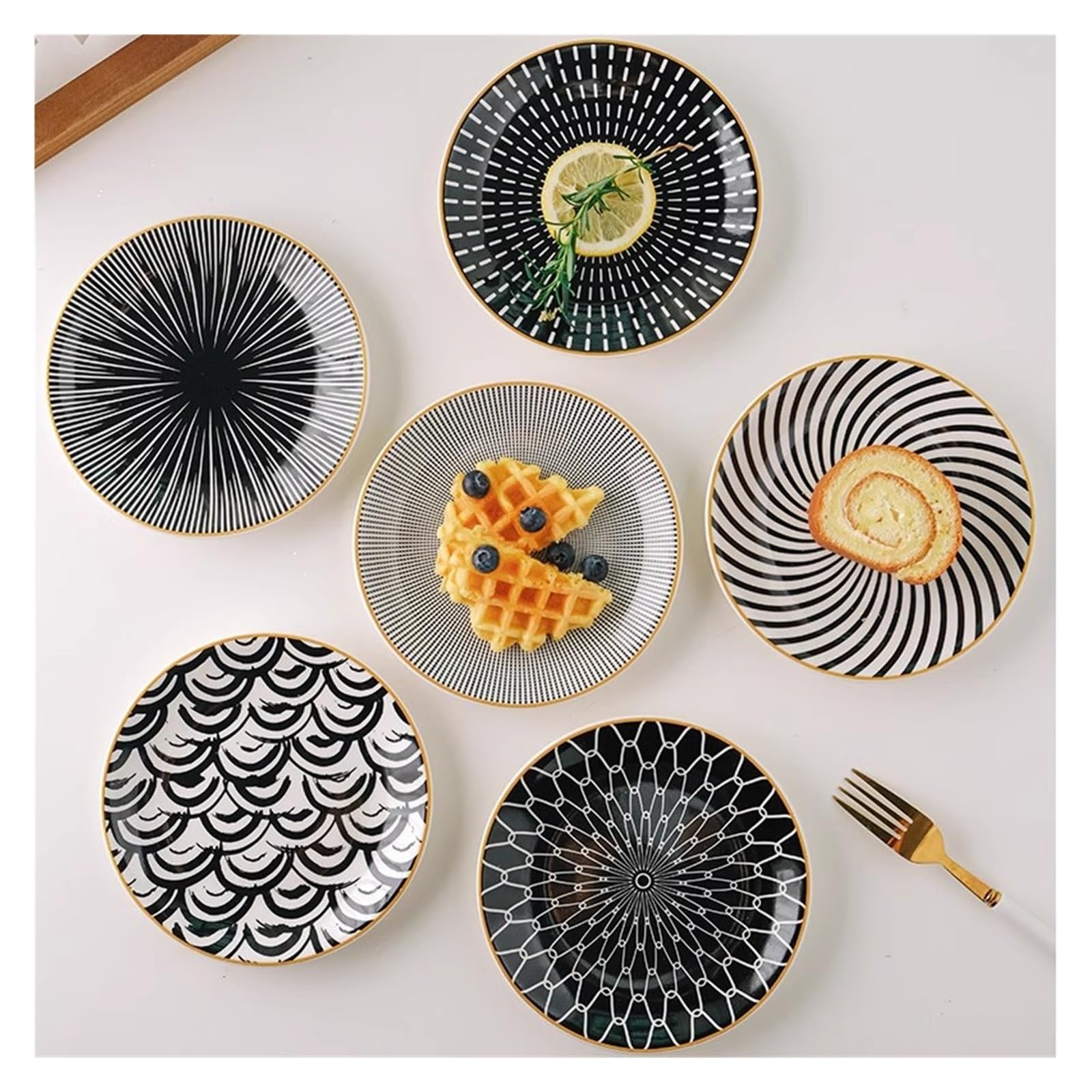 Ceramiczny zestaw 4 talerzy obiadowych w stylu europejskim – czarno-białe porcelanowe okrągłe talerze na sałatkę, deser, lunch i przystawki, elegancka zastawa stołowa do jadalni