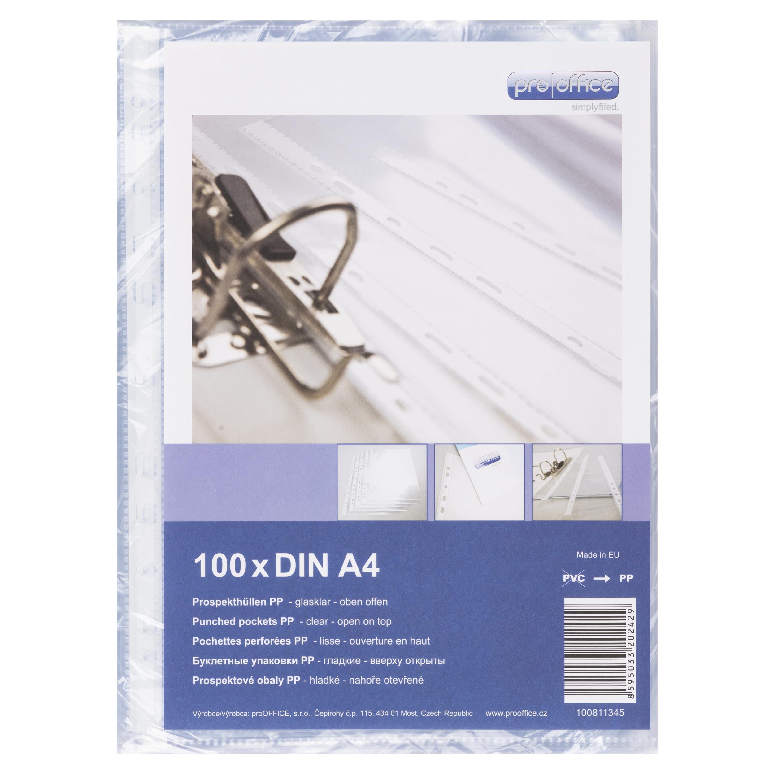 proOffice 100 x A4 Clear Document Wallets 0.08mm Thick, transparent, 100 Stück