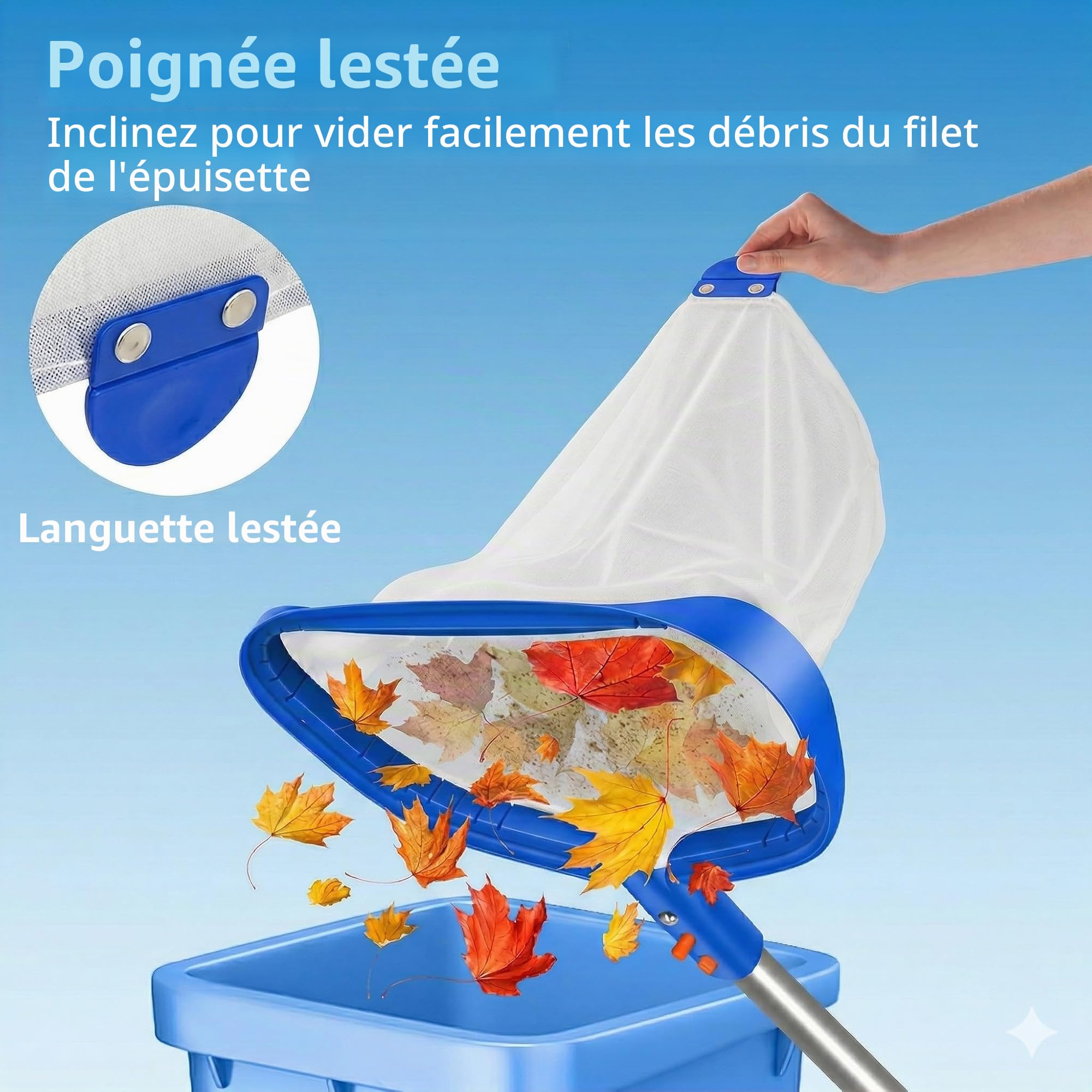 Épuisette de Piscine 44 cm, Mailles Fines, Aluminium, sans Manche | Filet fin pour retirer feuilles, débris et algues du bassin; cadre aluminium robuste, compatible avec une perche de skimmer