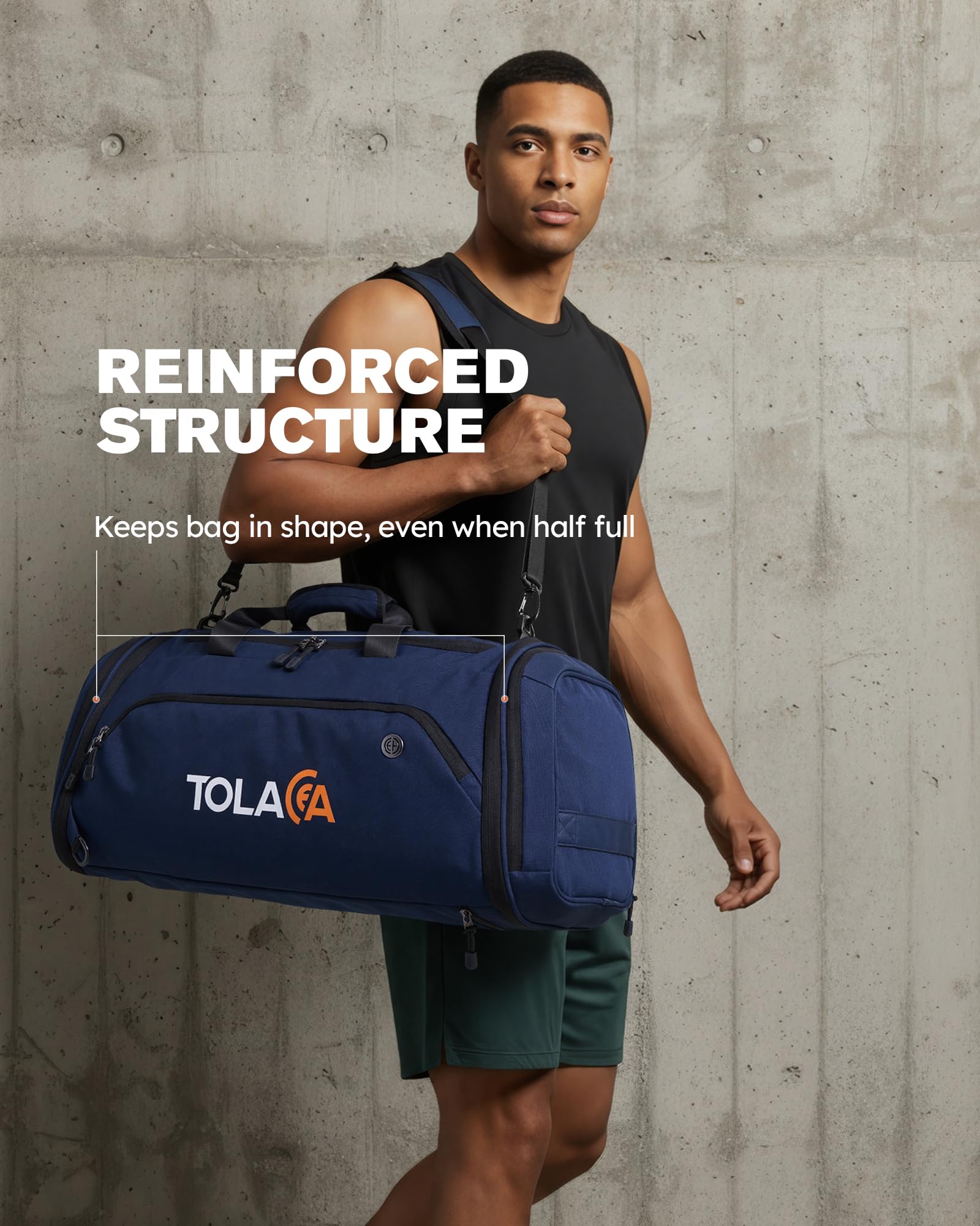 Tolaccea Sporttasche 56–70L erweiterbare Reisetasche mit Schuhfach & Nassfach, als Rucksack tragbar, Blau