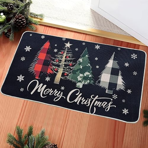 Miniatura 5 de ONWAY Tapete de Navidad negro con diseño de árboles de Navidad, tapete decorativo para cocina, de bajo perfil, para interiores y exteriores, 17.5 x