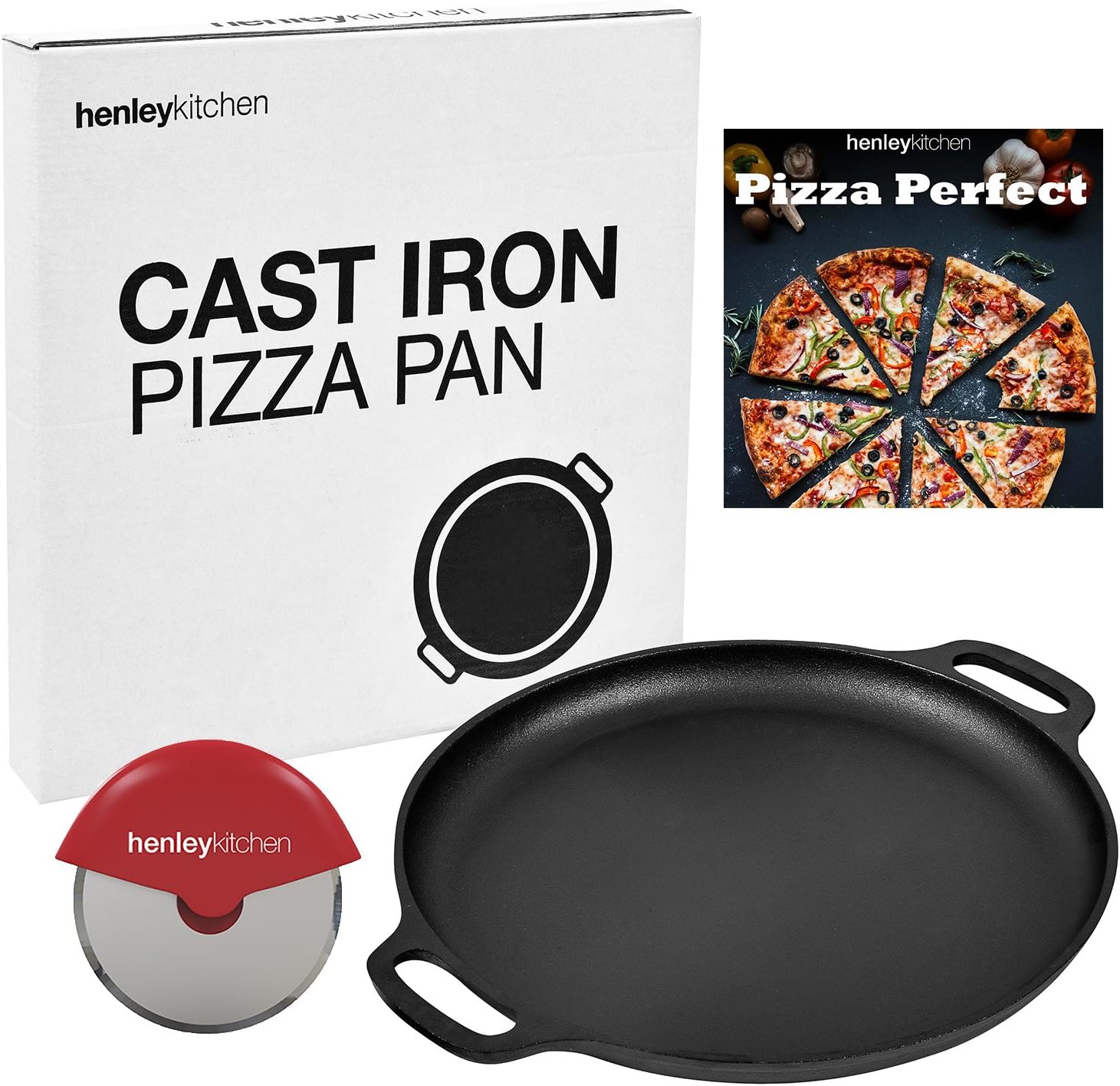 Henley Kitchen - Pre-Seasoned Cast Iron Pizza Pan - 14 Inch Pizza Stone with Cutter and Cookbook eBook