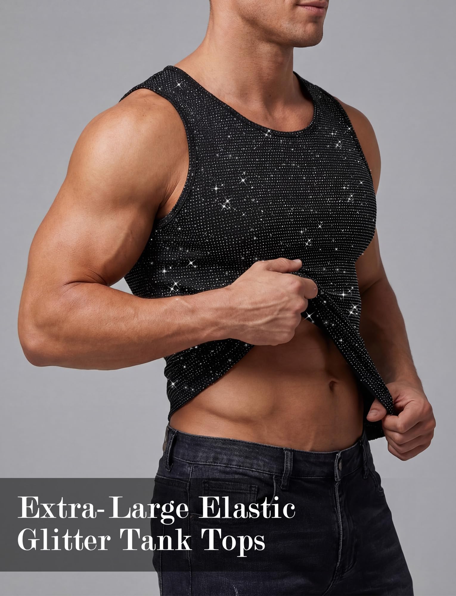 FEOYA Débardeur à paillettes pour homme - Avec strass métalliques - Col rond - Sans manches - Pour soirée discothèque, discothèque, discothèque - Pour l'été