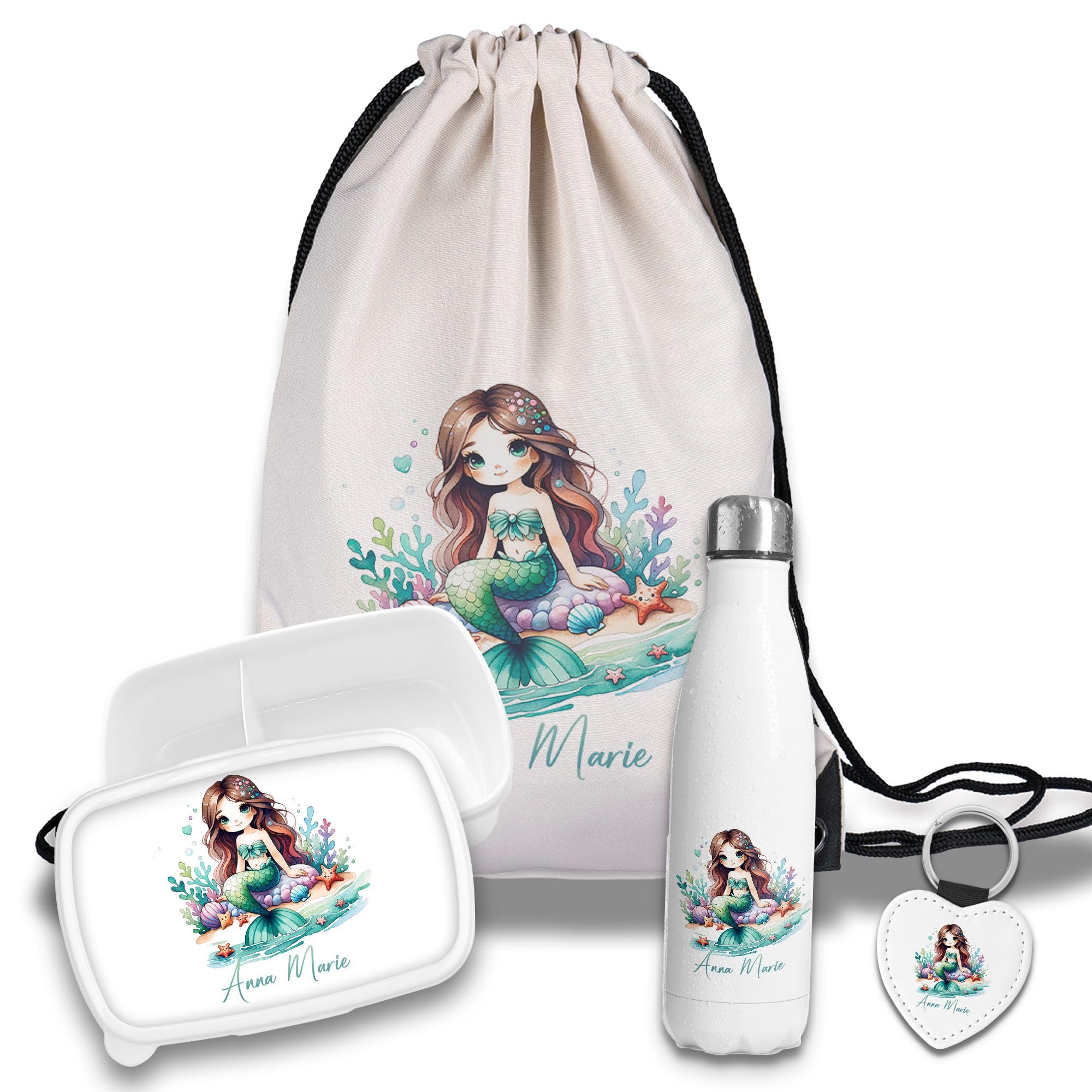 timalo Kinder Schulset Brotdose, Trinkflasche, Turnbeutel personalisiert mit Namen | Set Wasserflasche Edelstahl | Lunchbox mit Trennwand | Geschenk zur Einschulung & Kindergarten | 14 - Meerjungfrau