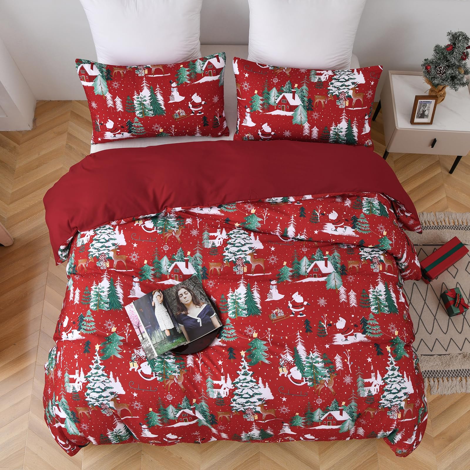 DJY Christmas Double Duvet Cover Set 3 Piece, Red Santa Claus Snowflake Tree Pattern - Image 3