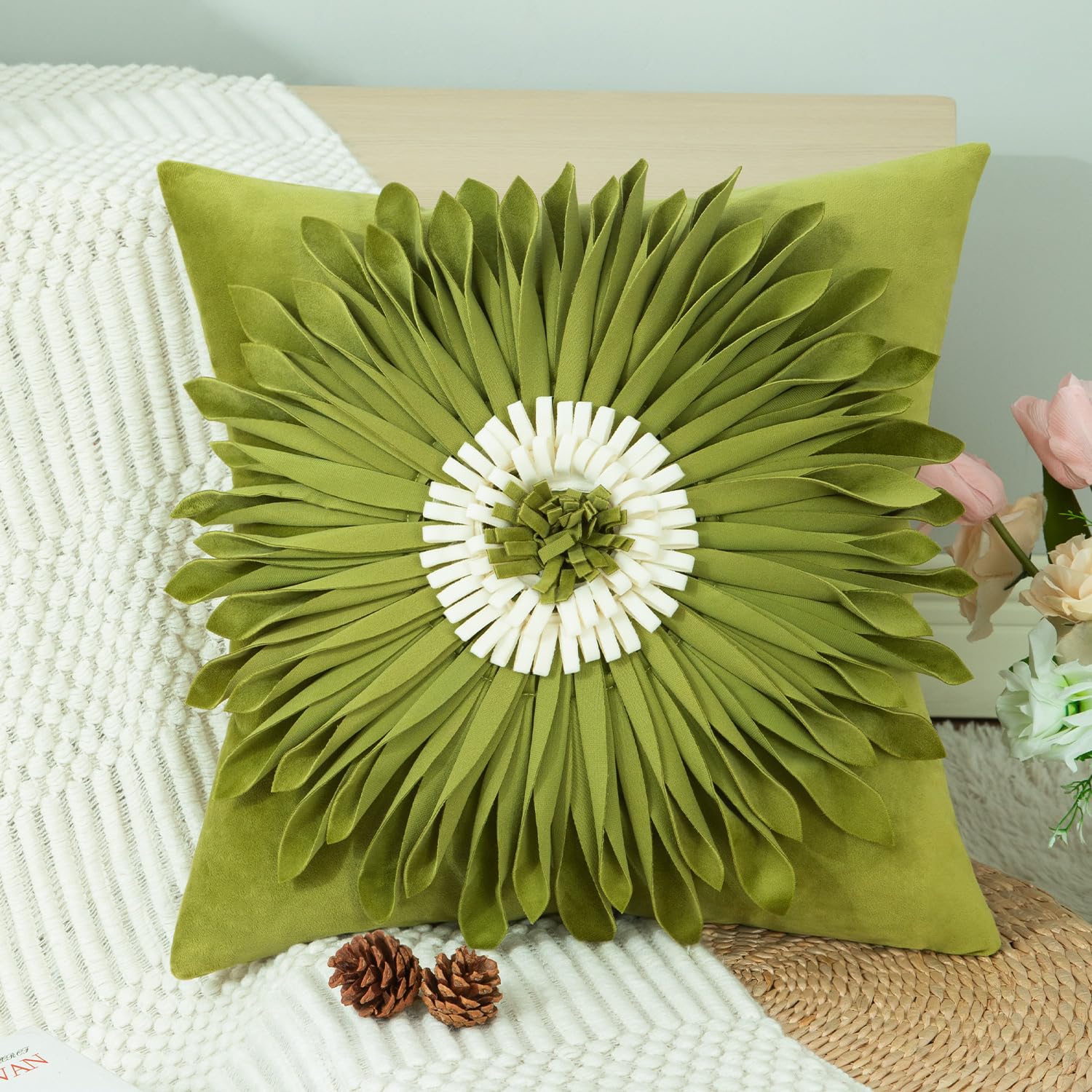 VOGOLDecorative 3D Flower Throw Pillow Covers, Soft Velvet Handmade Square Pillowcases Cushion Covers for Couch Bed Home Decor Wedding, 18 x 18 Inch, Grass Green, 1 Piece