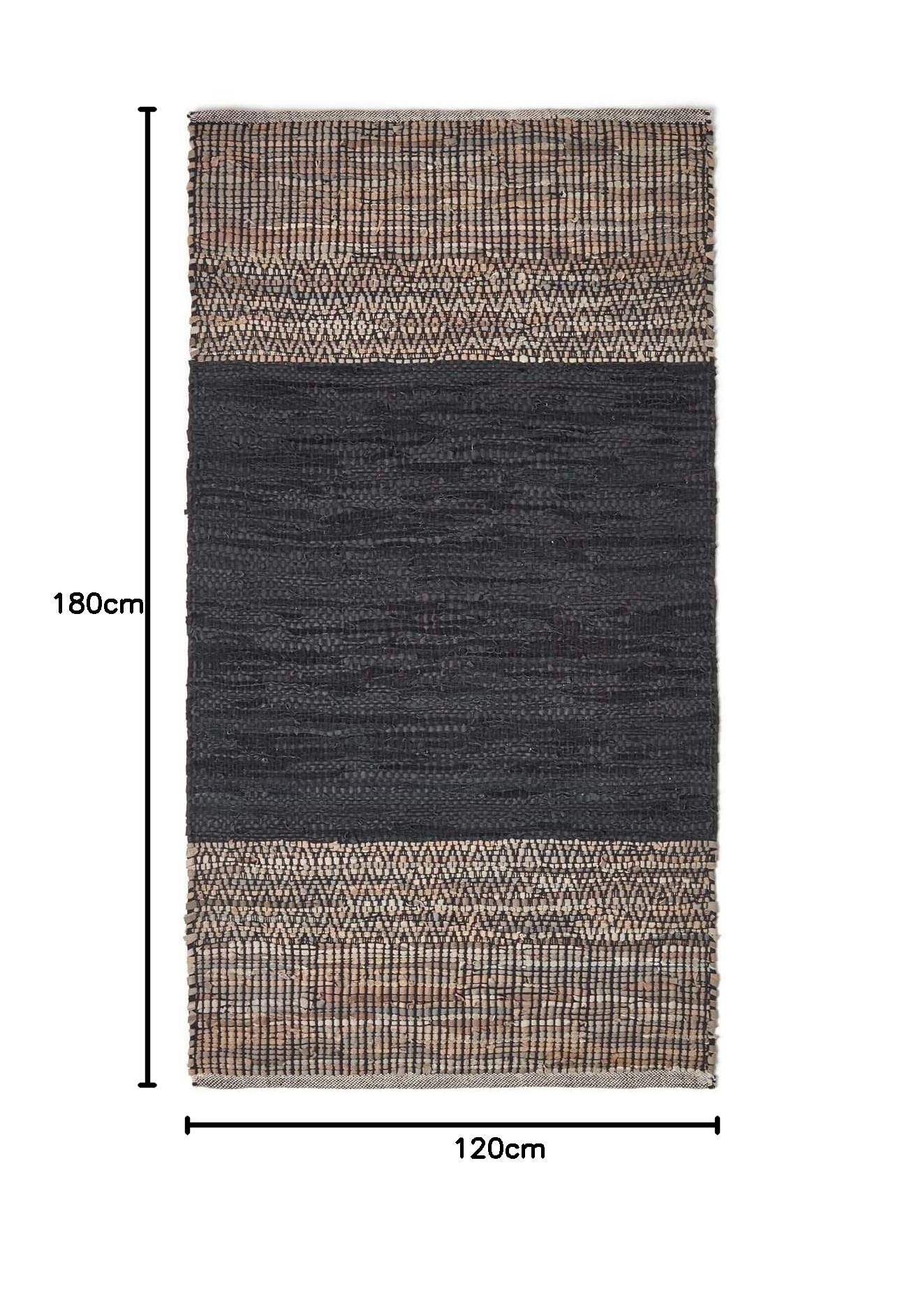 HOMESCAPES - Tapis en Cuir recyclé Noir et Beige à Motif Chevrons - 120 x 180 cm