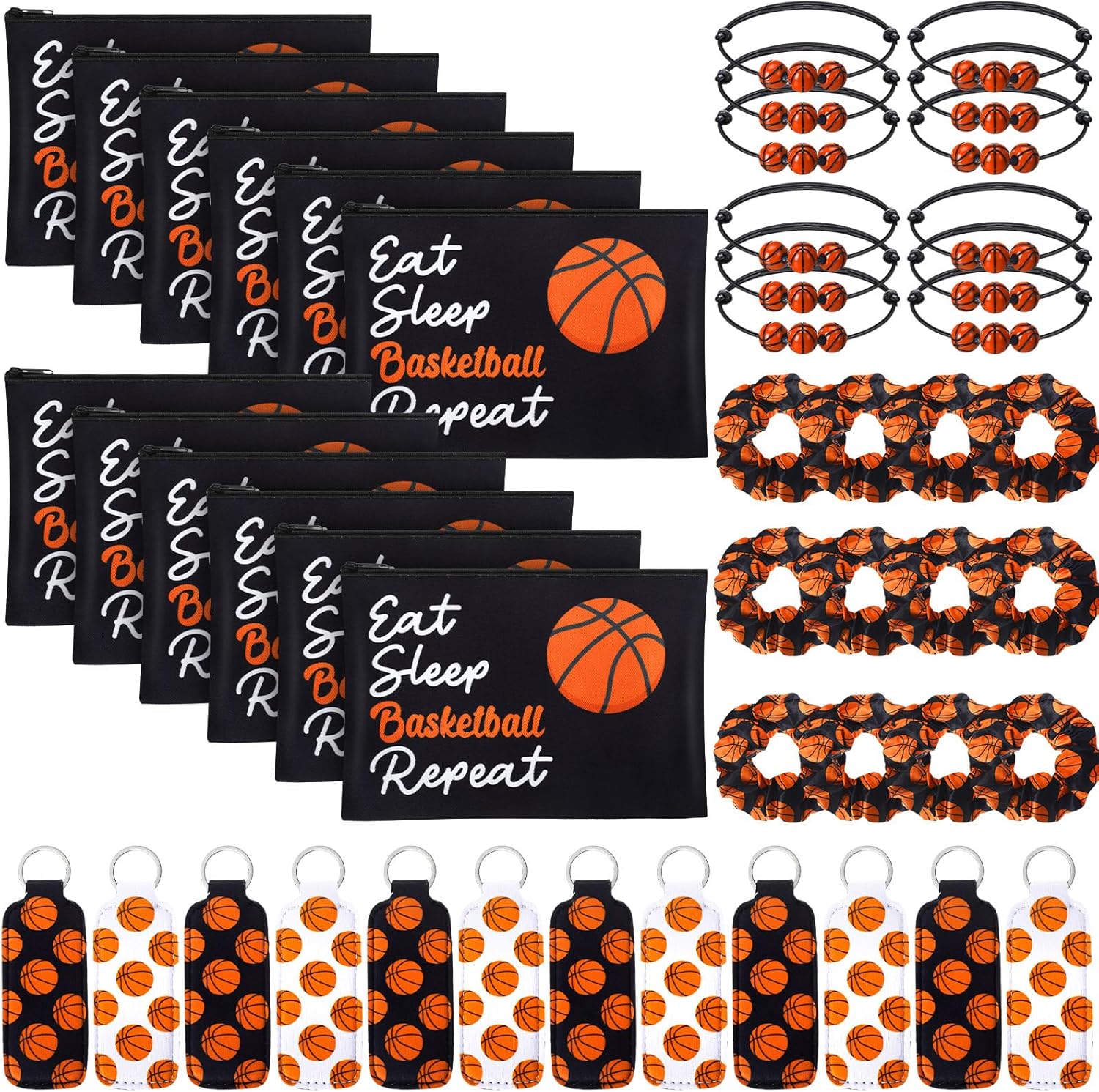 48 Pcs Basketball Party Favors Gifts for Teen Girls Basketball Makeup Bag for Girls Lipstick Holder Keychain Scrunchie Charm Bracelet Women Team Party Decor Supplies