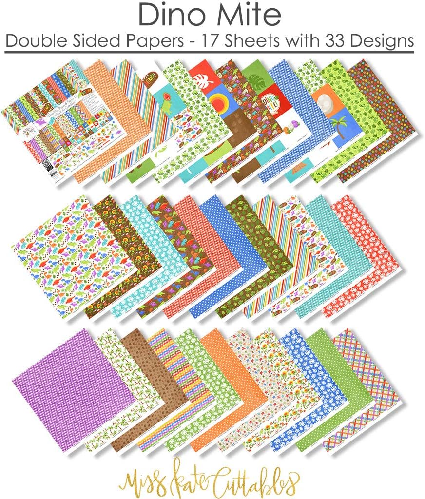 Miss Kate Cuttables Paper & Sticker Kit - Dino Mite - for Dinosaurs - 17 Double-Sided 12x12 Papers with 33 Designs & 1 8X12 Sticker Sheet - Scrapbooking Card Making Crafting