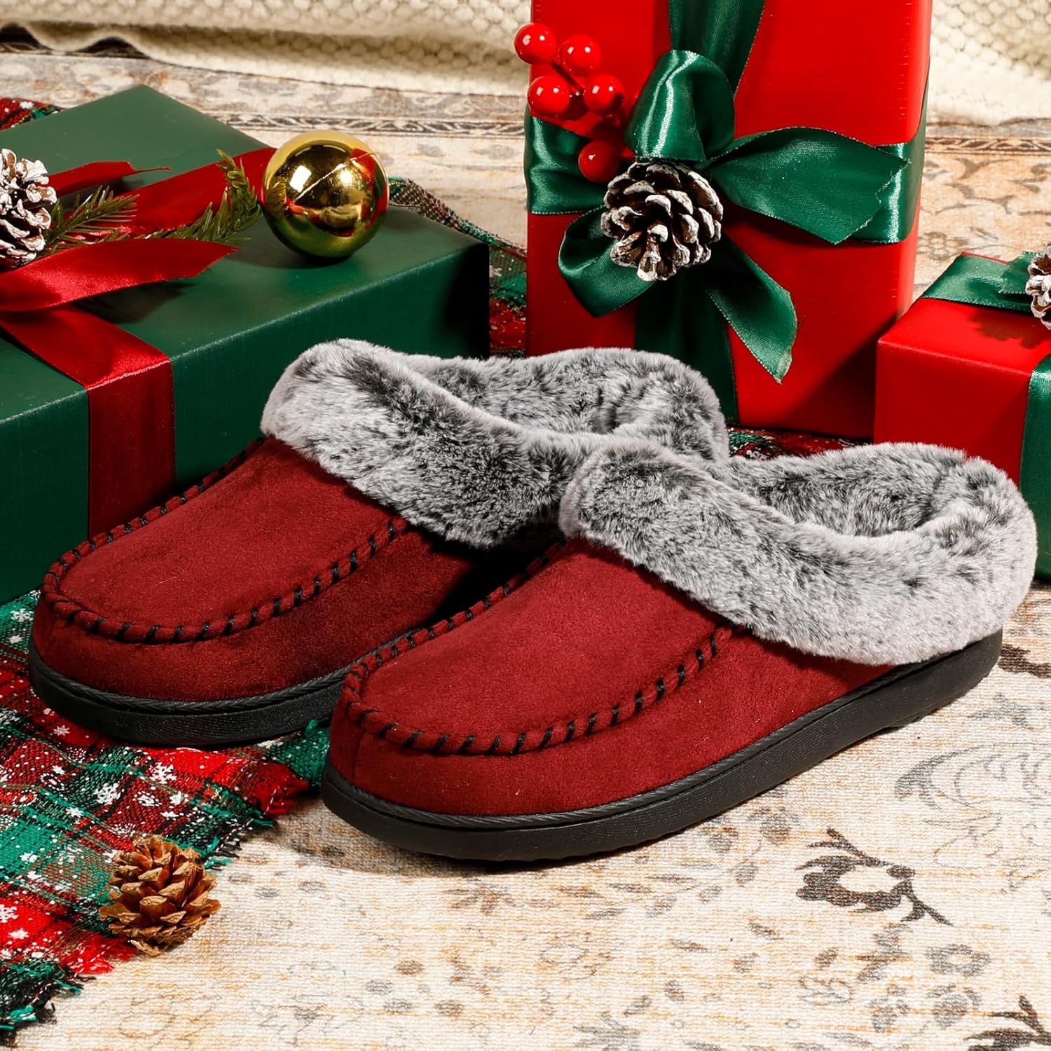 ULTRAIDEAS Women's Memory Foam House Slippers with Hard Bottom, Fur Lined House Shoes with Non-Slip Rubber Sole for Indoor & Outdoor - Image 3