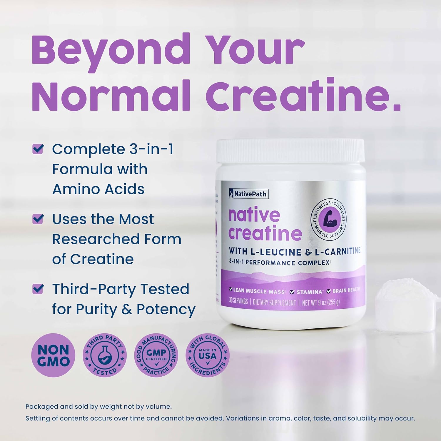 NativePath Creatine Monohydrate Powder with L-Leucine & L-Carnitine - Supports Muscle Health for Men & Women - 30 Servings - Image 3