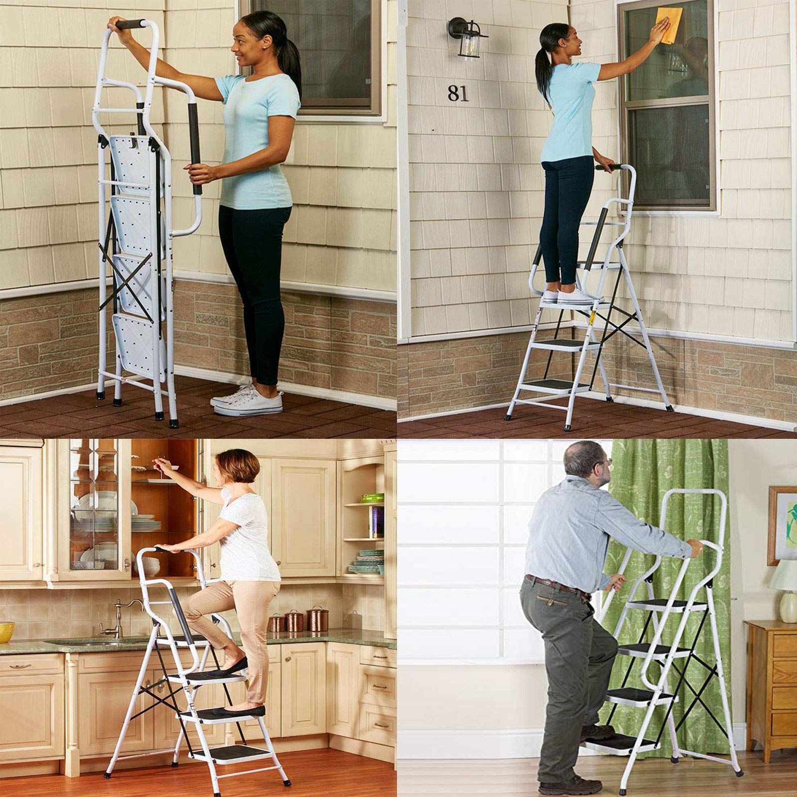 Escabeau 3 marches avec rampe de sécurité pliable en acier mat et résistant