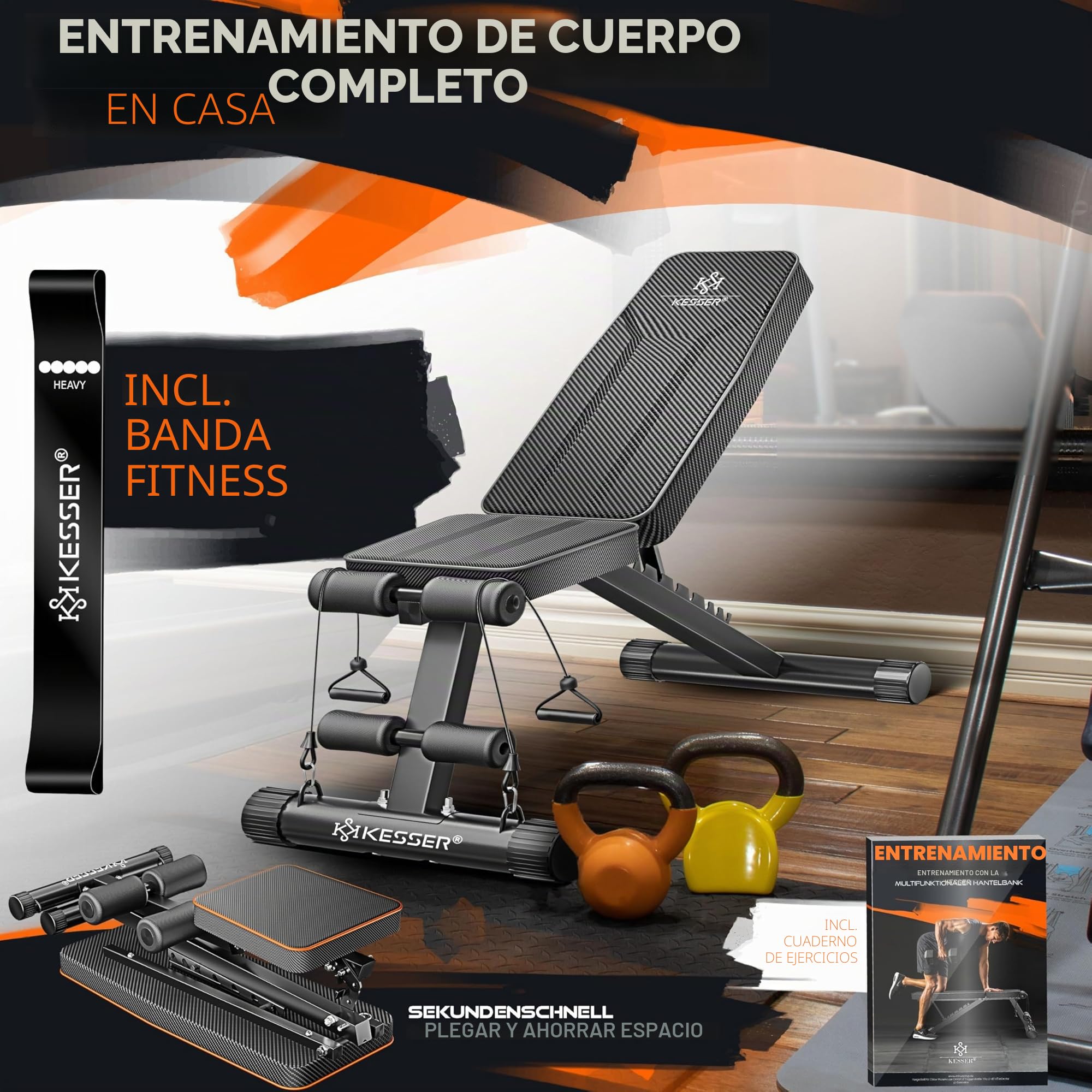 KESSER® Banco de pesas plegable multifuncional con respaldo, capacidad de carga de 500 kg, banco ajustable, dispositivo de fitness para press de banca, banco inclinado para entrenamiento de todo el