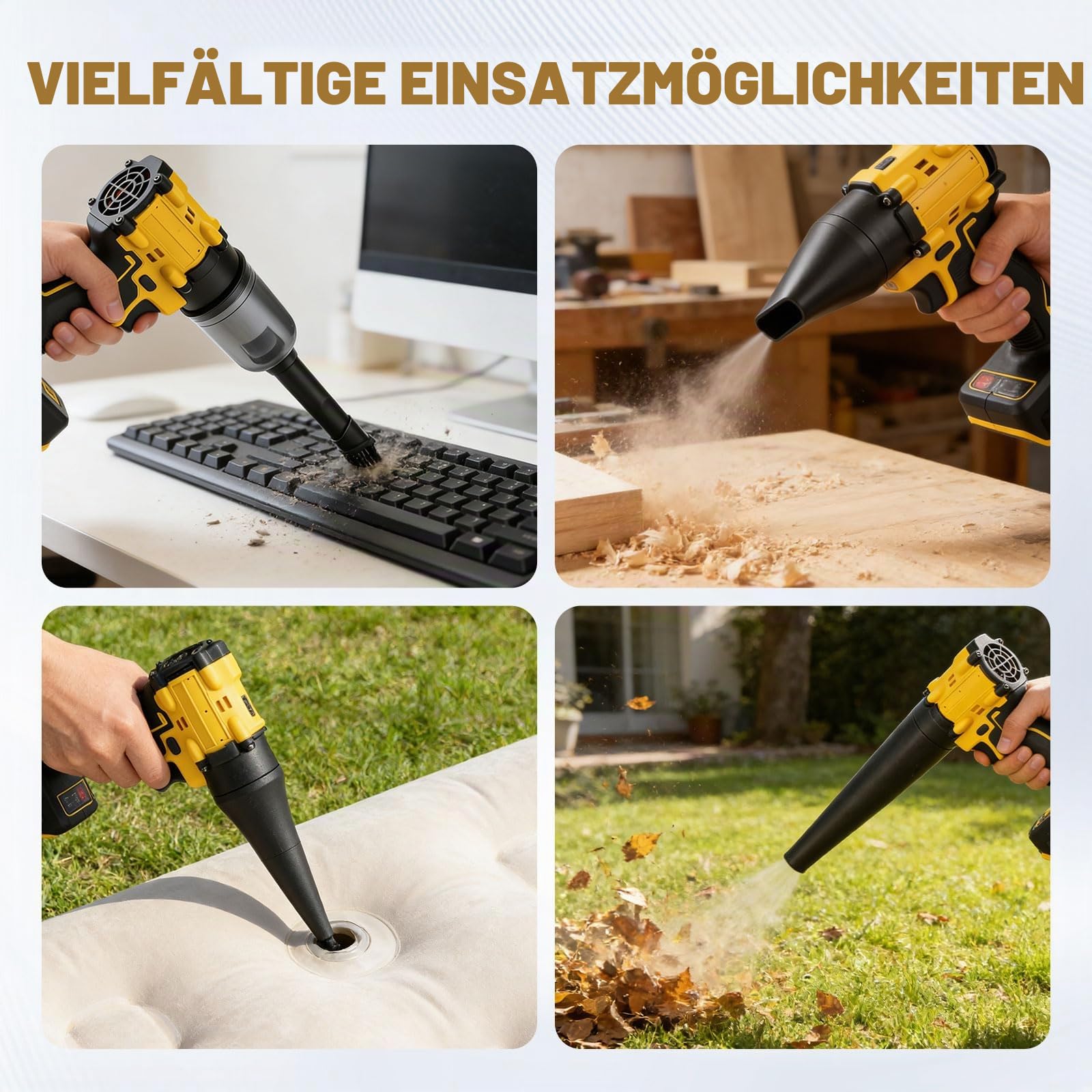 Kabelloser Staubsauger-Bläser für Dewalt 18/20V, 2 in 1 Handstaubsauger bürstenloser Laubbläser 85000 U/min mit einstellbarer Geschwindigkeit und 5 Düsen für Auto, Haus, Büro, Küche (kein Akku) (Gelb