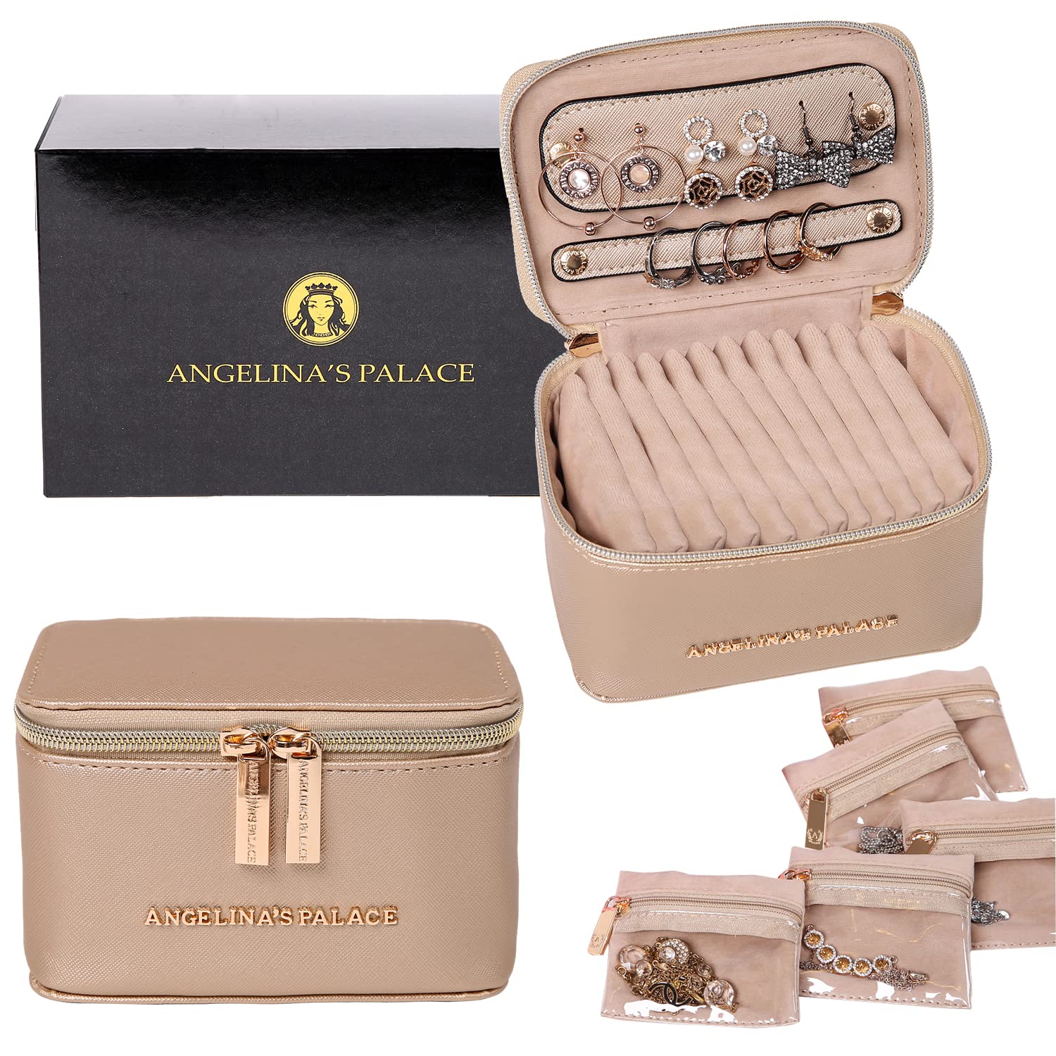 Angelina's Palace Estuche organizador de joyas, regalo de dama de honor, bolsa de viaje, caja de cuero vegano para collar, aretes, pulsera, anillo (champán)