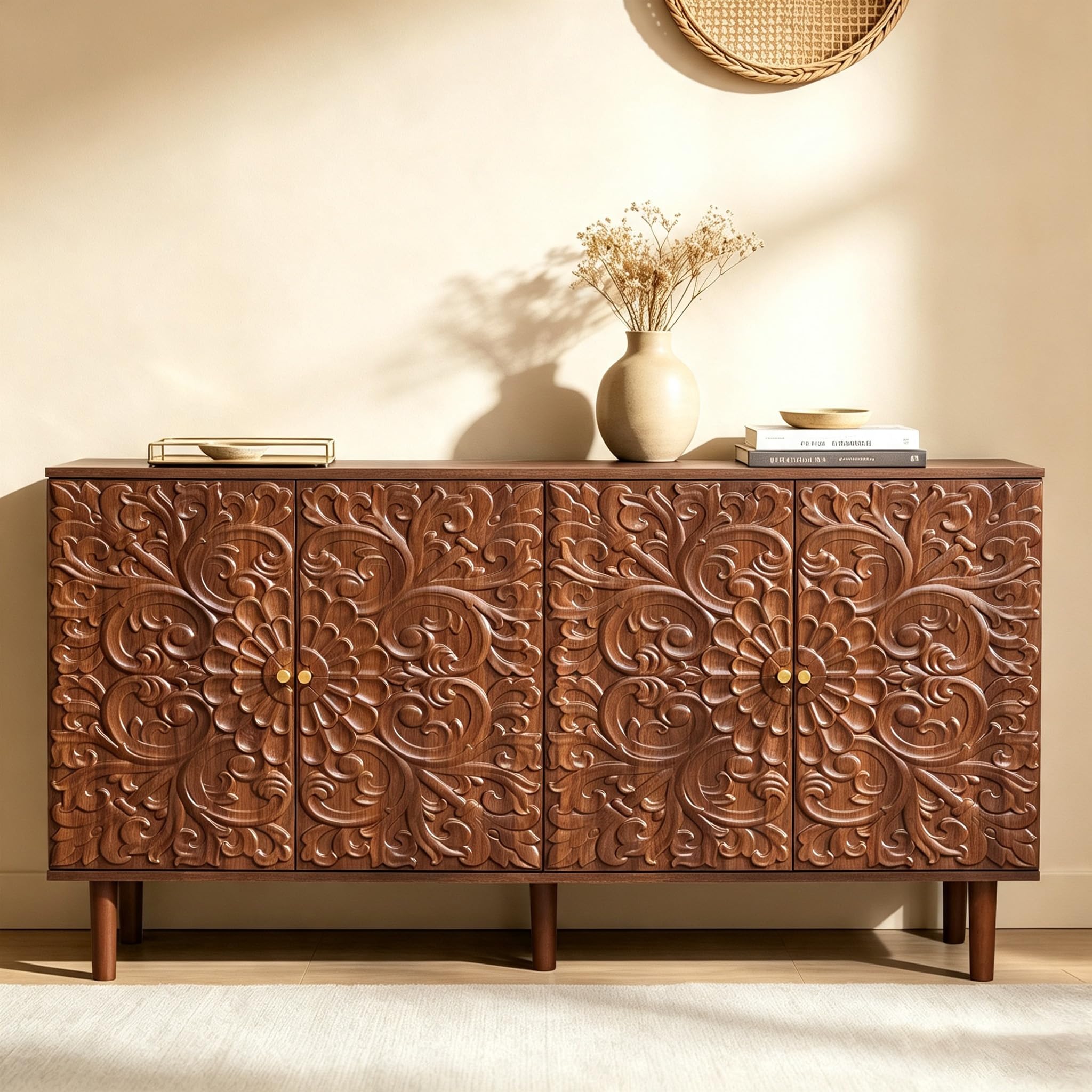 59" Buffet Cabinet with Storage, Floral Embossed 4 Door Sideboard (Walnut)