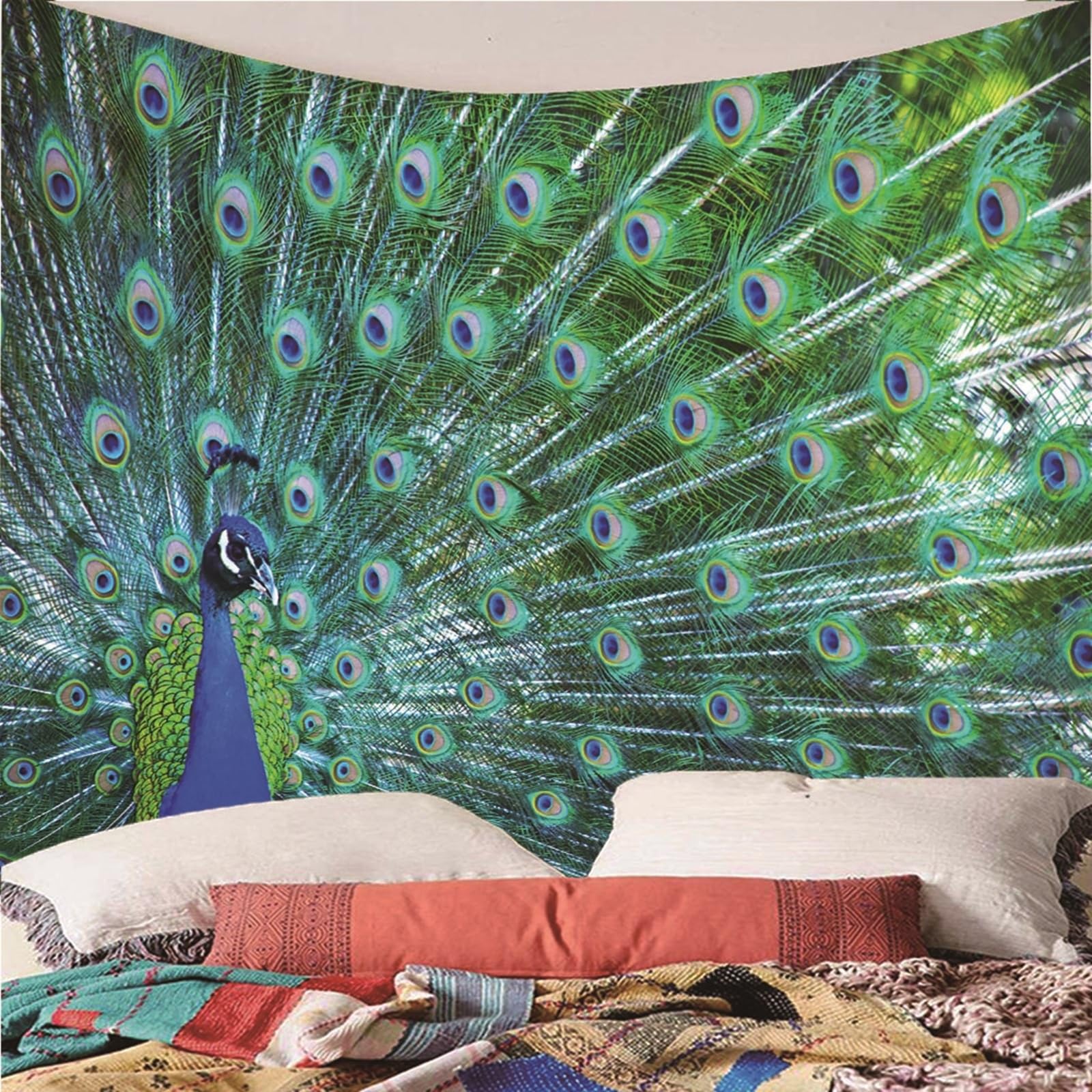 Lieson Arazzo Decorativo, Arazzi da Parete Indiano 260x240CM Pavone Tappeti Parete Camera Letto da Appendere Alla Parete Per Decorazione Della Casa, Blu Verde