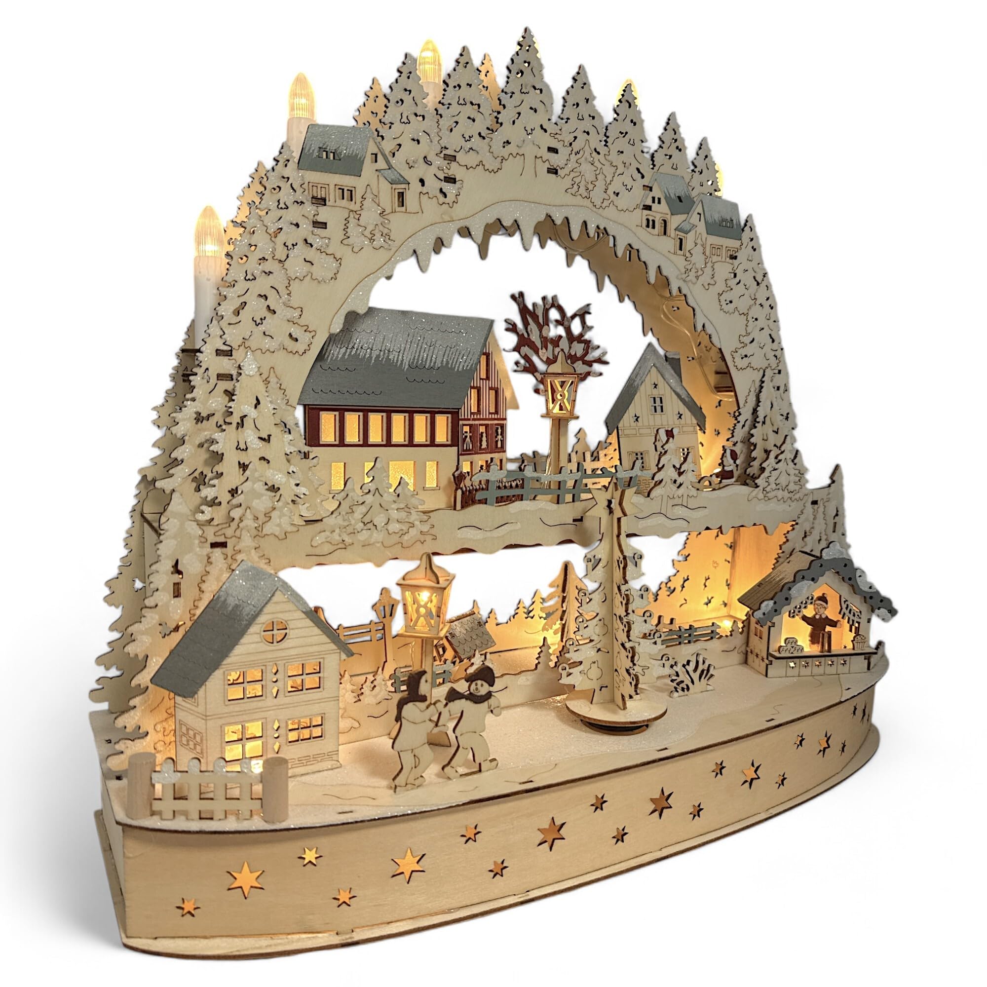 Wichtelstube-Kollektion XXL LED Schwibbogen Weihnachtsdorf, Lichterbogen mit Podest mehrere Ebenen und Bewegung Schwippbogen mit drehenden Weihnachtsbaum Echtholz