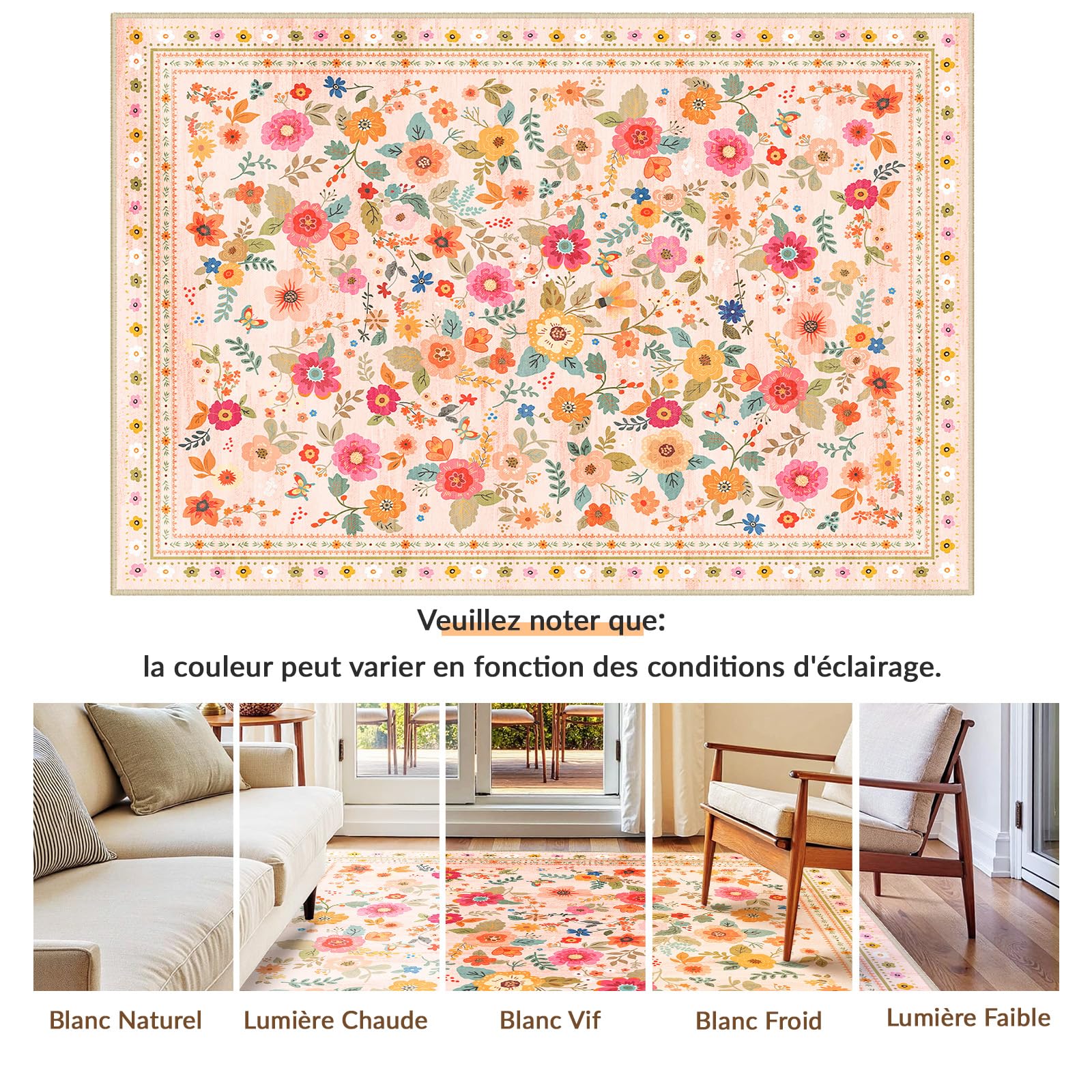 INOVADAY Tapis Lavable 120x180 cm, Style Bohème, Poils Courts, Antidérapant, Imprimé Floral, pour Salon, Chambre à Coucher, Salle à Manger, Bureau,t, Rose/Beige
