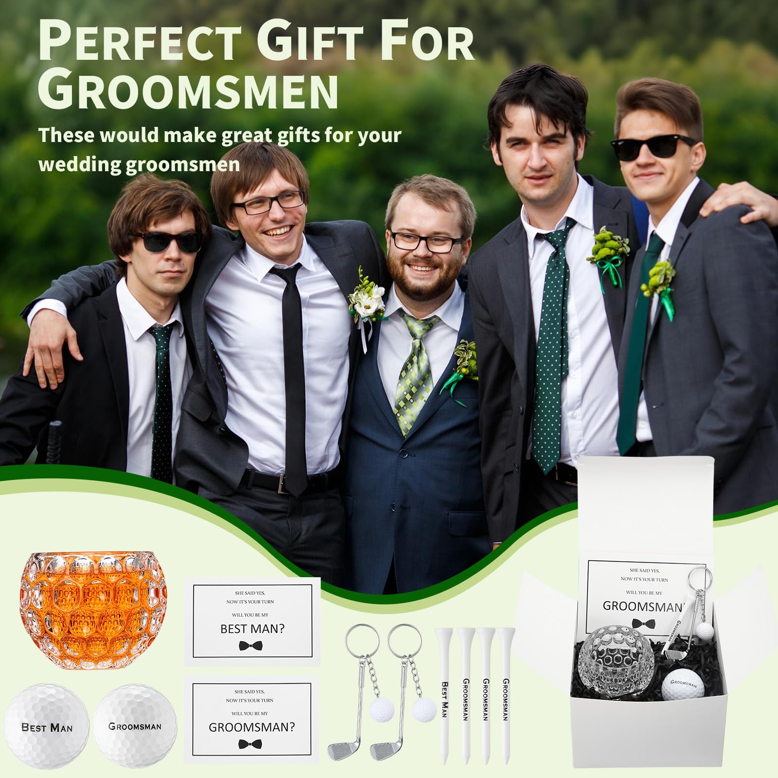 Funnymoom 36 Pcs Golf Groomsman Proposal Gift Box Set of 6, Golf Ball Tees Keychain Whiskey Glass with Invitation Cards Accessories for Wedding Best Men DIY Gifts