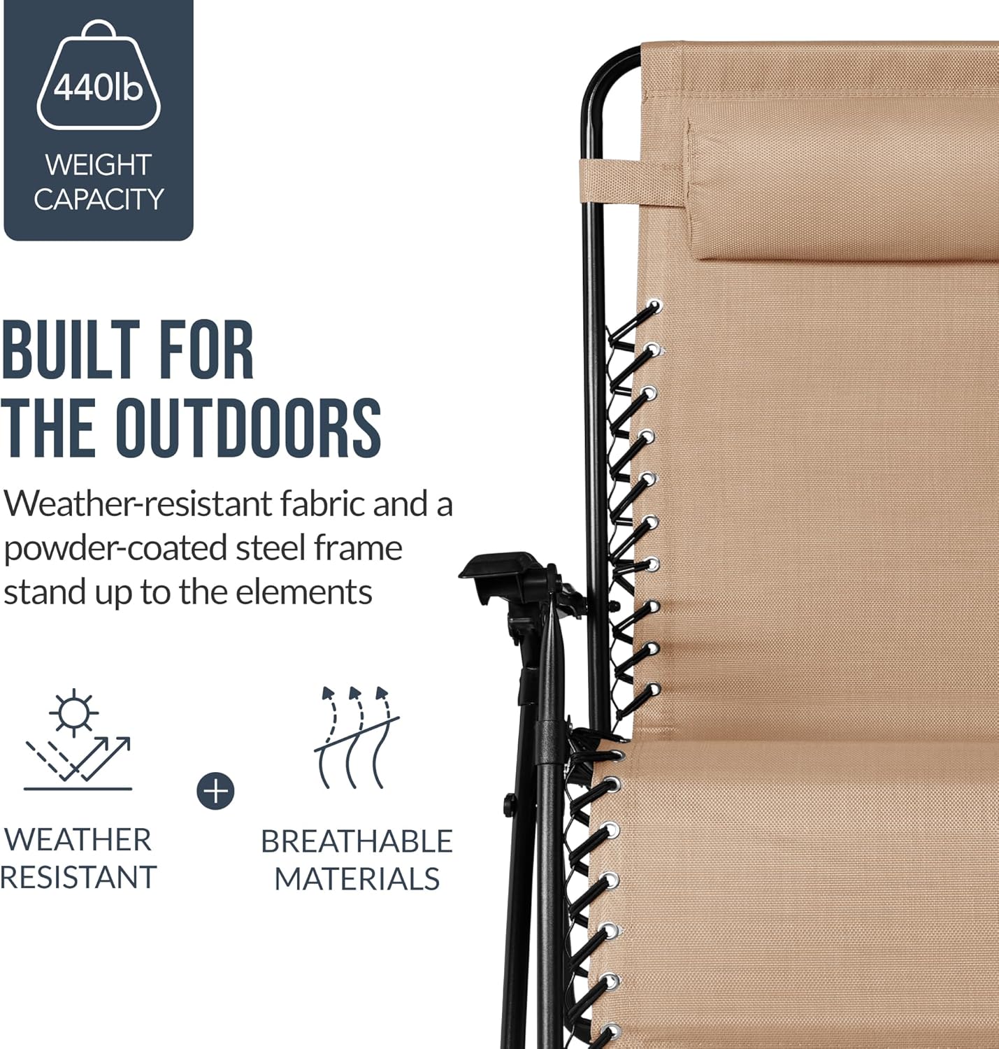 Best Choice Products Set of 2 Extra Wide Adjustable Steel Mesh Zero Gravity Lounge Chair Recliners w/Pillows and Cup Holder Trays - Sand