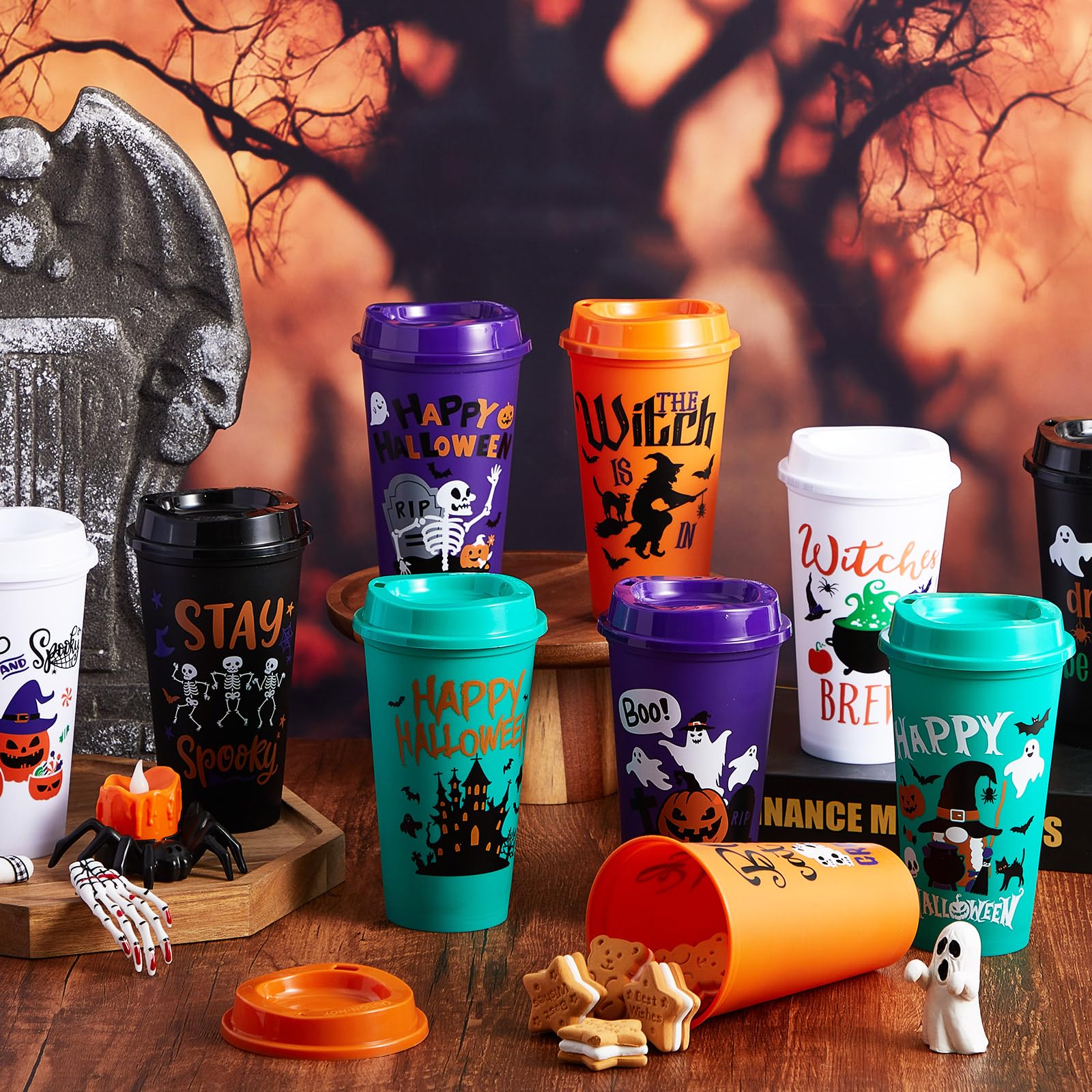 Chuangdi Halloween-Becher aus Kunststoff mit Deckel, wiederverwendbare Kunststoffbecher, gruselige Becher, Großpackung für Kinder und Erwachsene, Halloween, Party, Geburtstag, 30 Stück